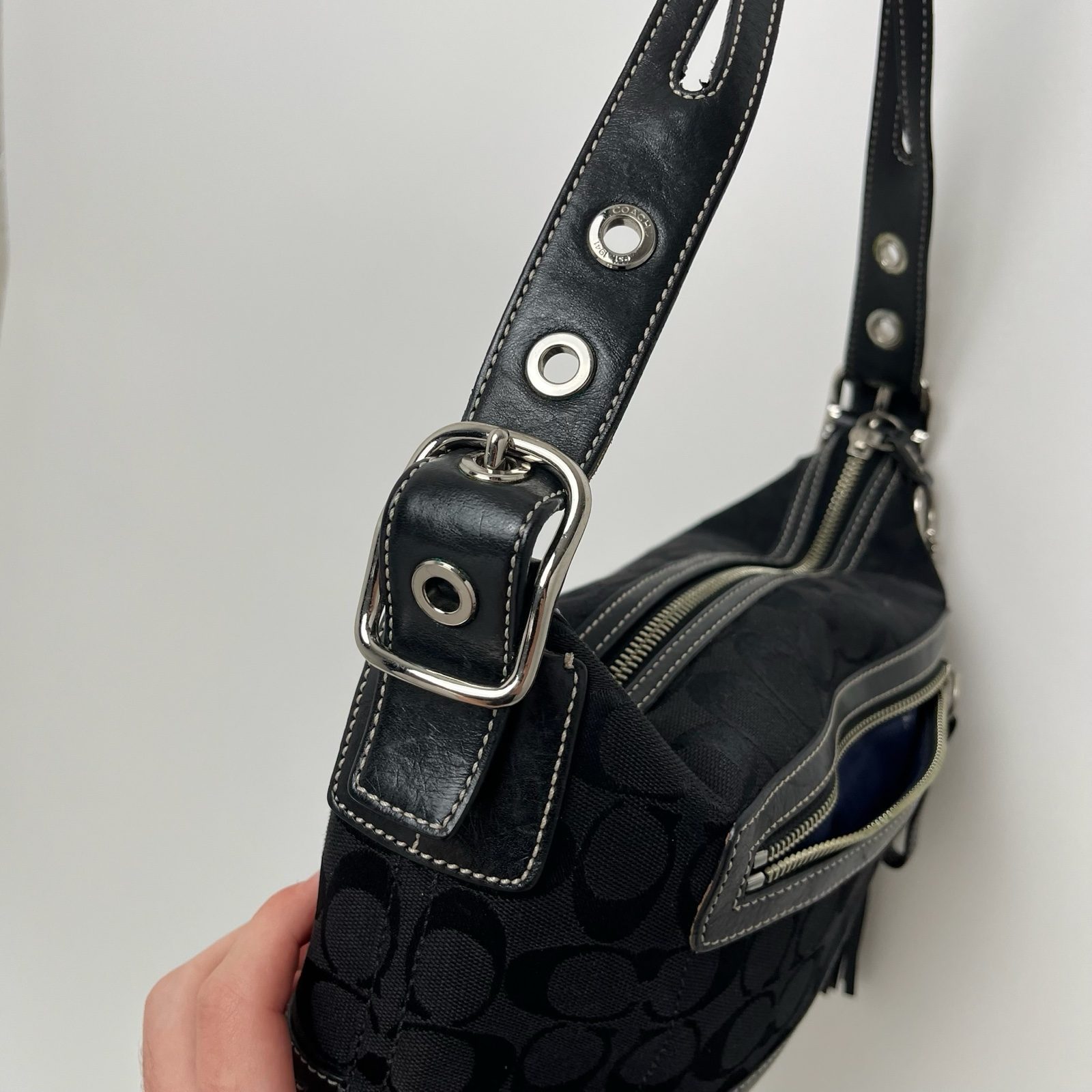 Coach Black Signature Monogram Canvas/Leather Shoulder Hobo Bag With Tassel 9363 image 5