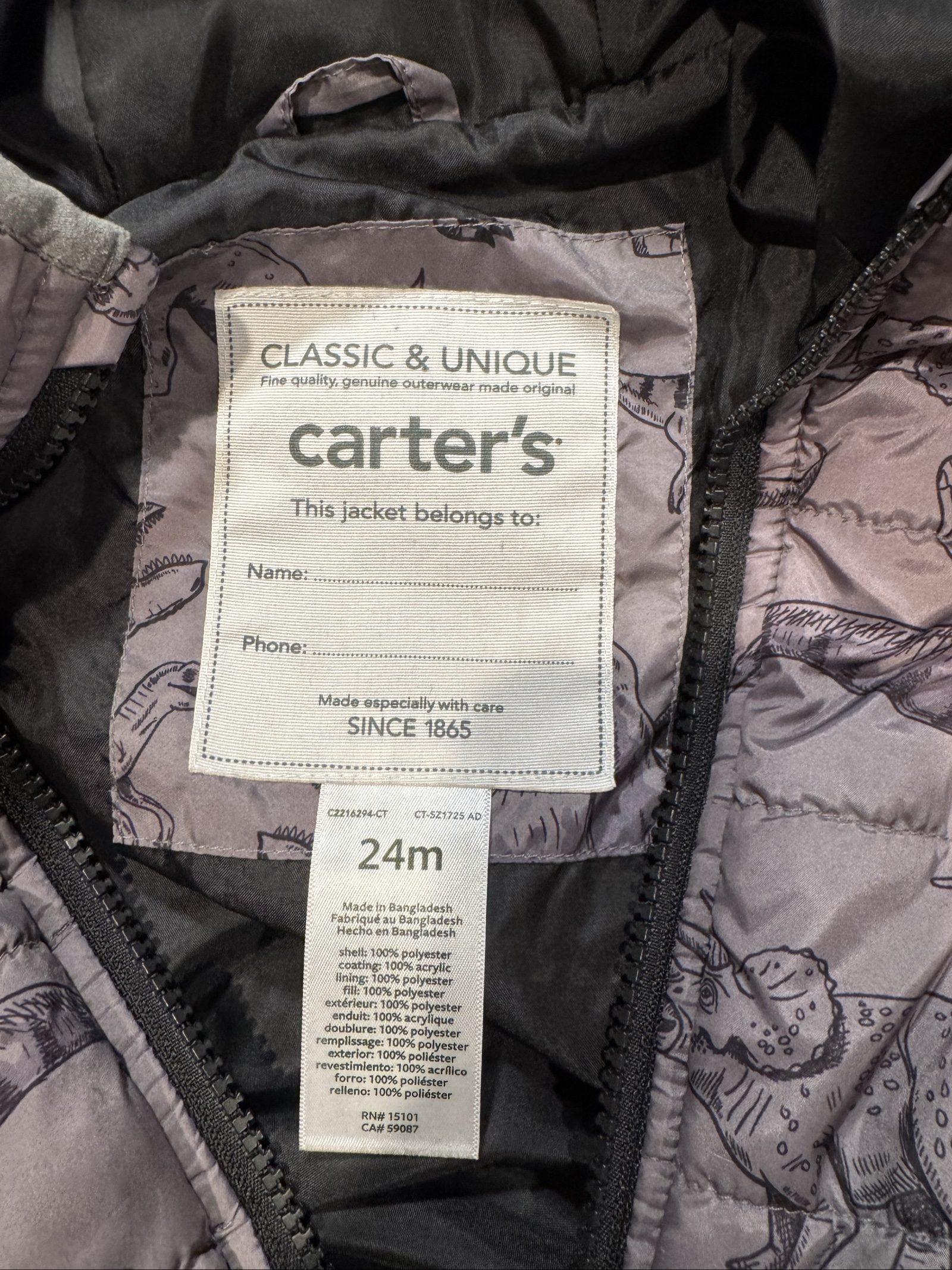 Boys Carter’s Dinosaur Puffer Jacket – Gray – 24 Months image 4