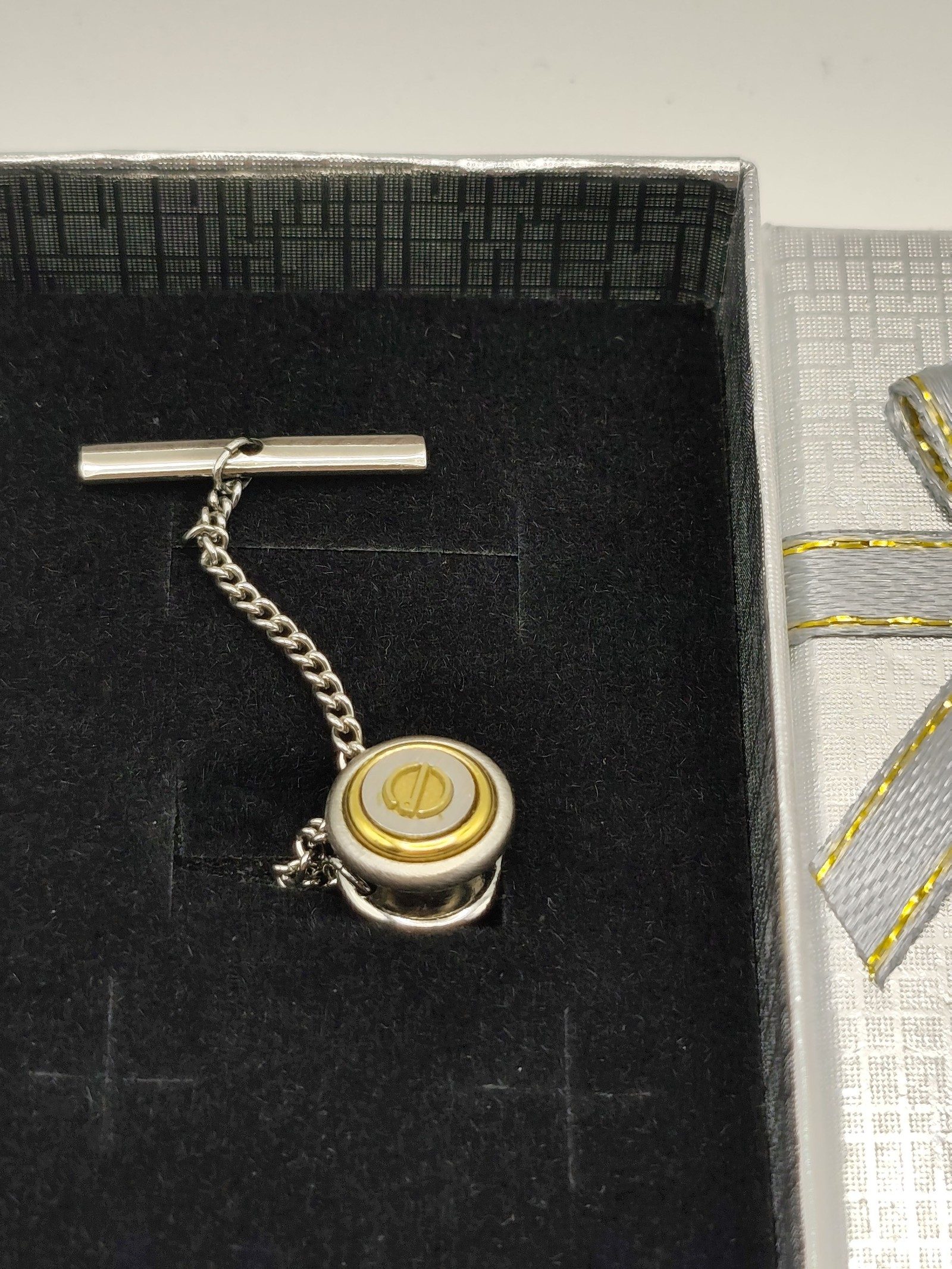 Dunhill Silver & Gold Tone Round tie pin with Chain & T-Bar image 2