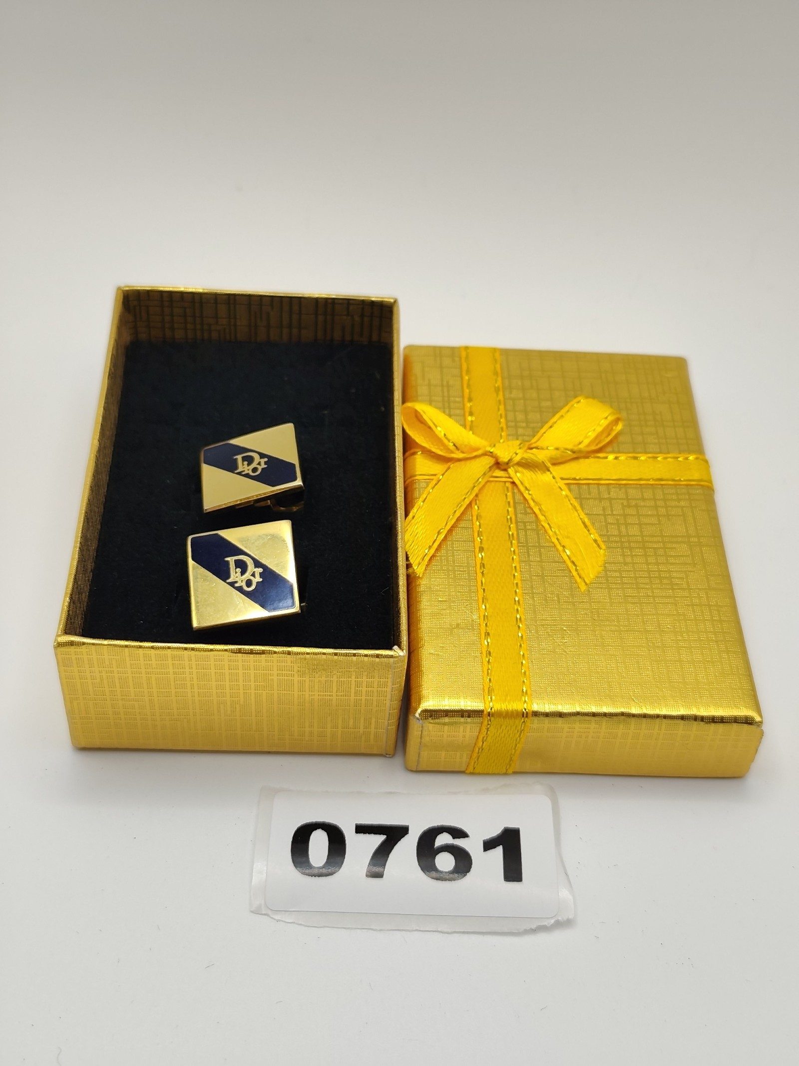Dior Gold & Navy Blue Logo Cufflinks in Gift Box
