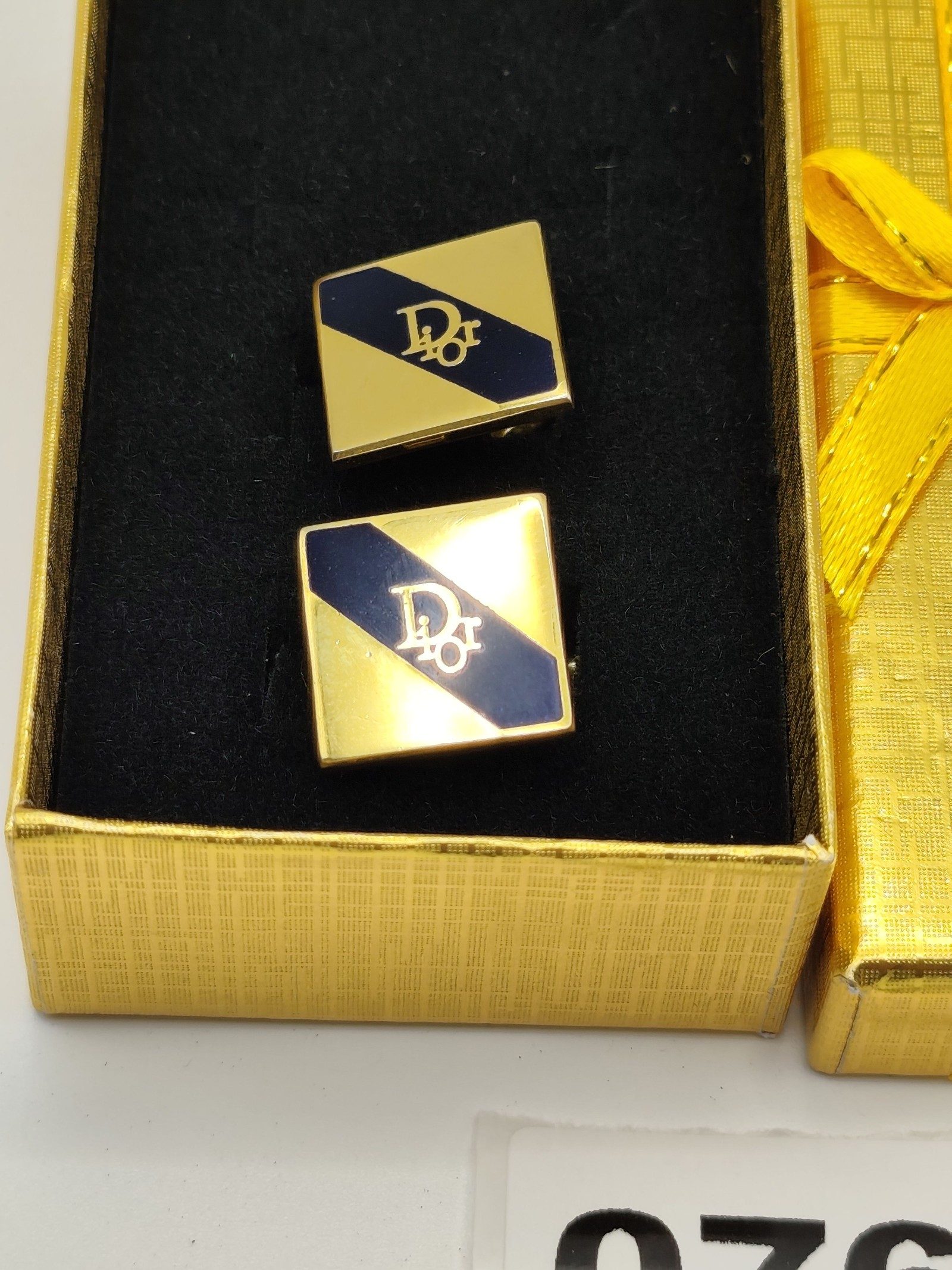 Dior Gold & Navy Blue Logo Cufflinks in Gift Box image 2