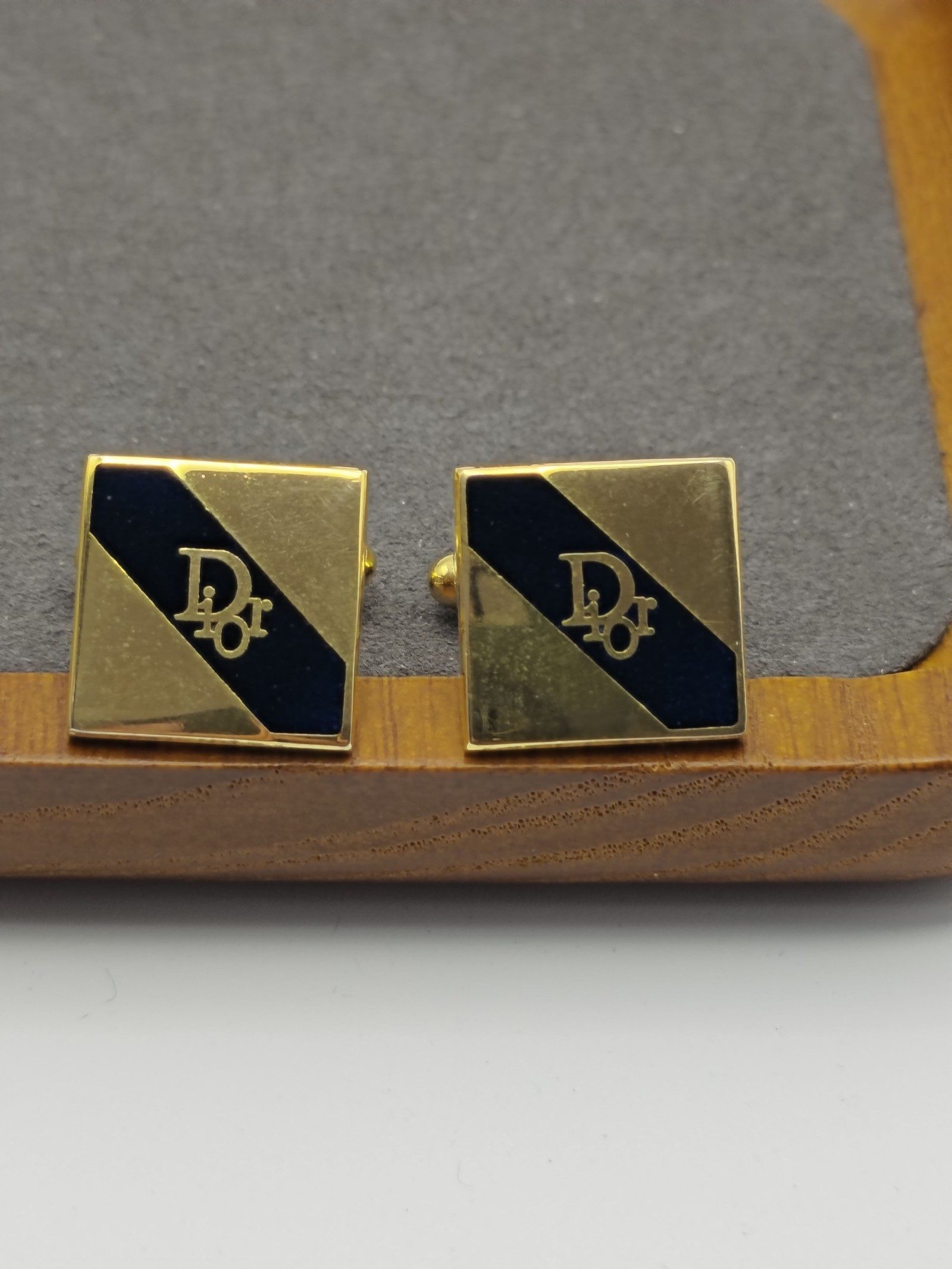 Dior Gold & Navy Blue Logo Cufflinks in Gift Box image 3