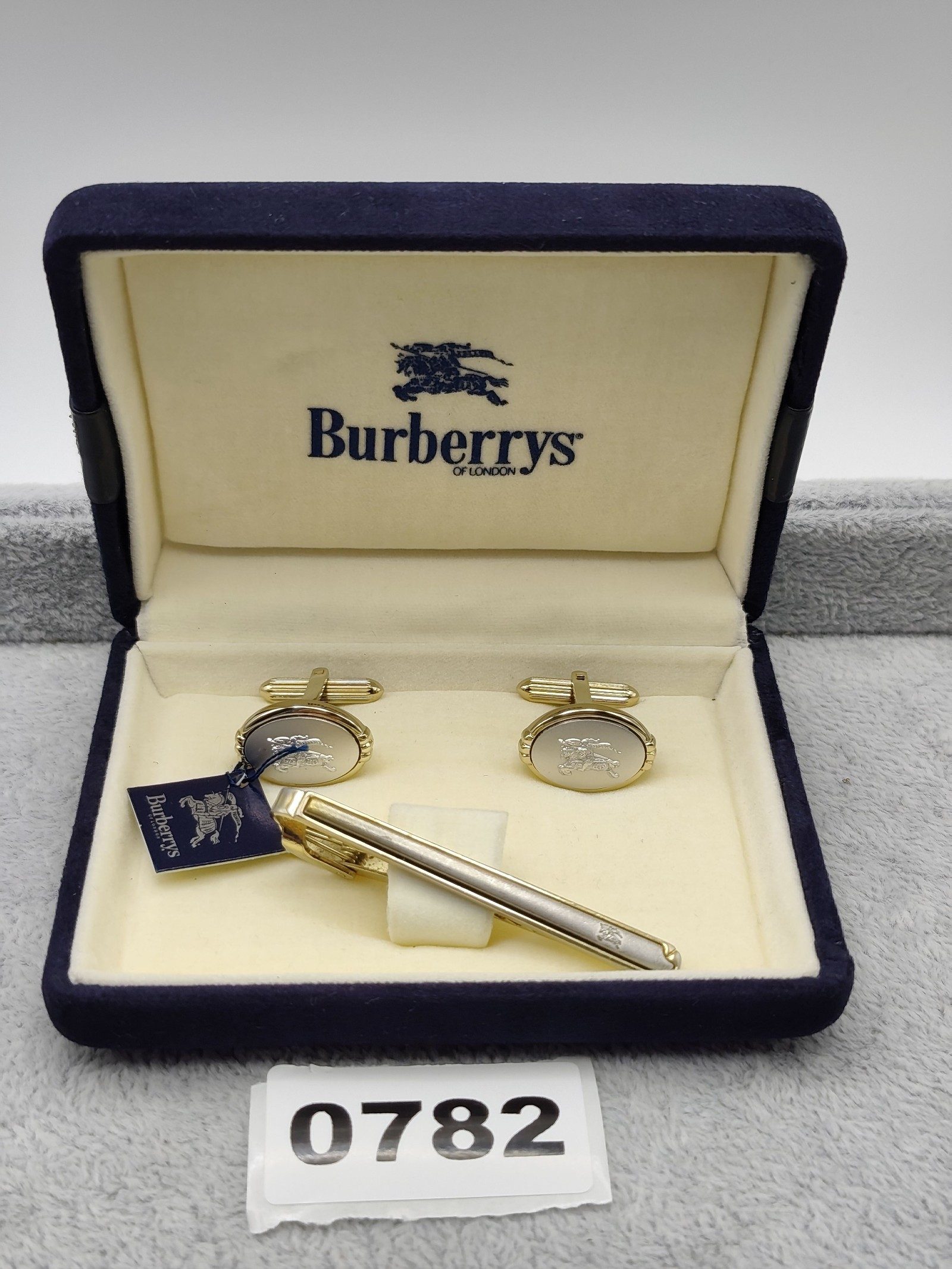 Burberry Gold & Silver Tone Equestrian Cufflinks & Tie Clip Set