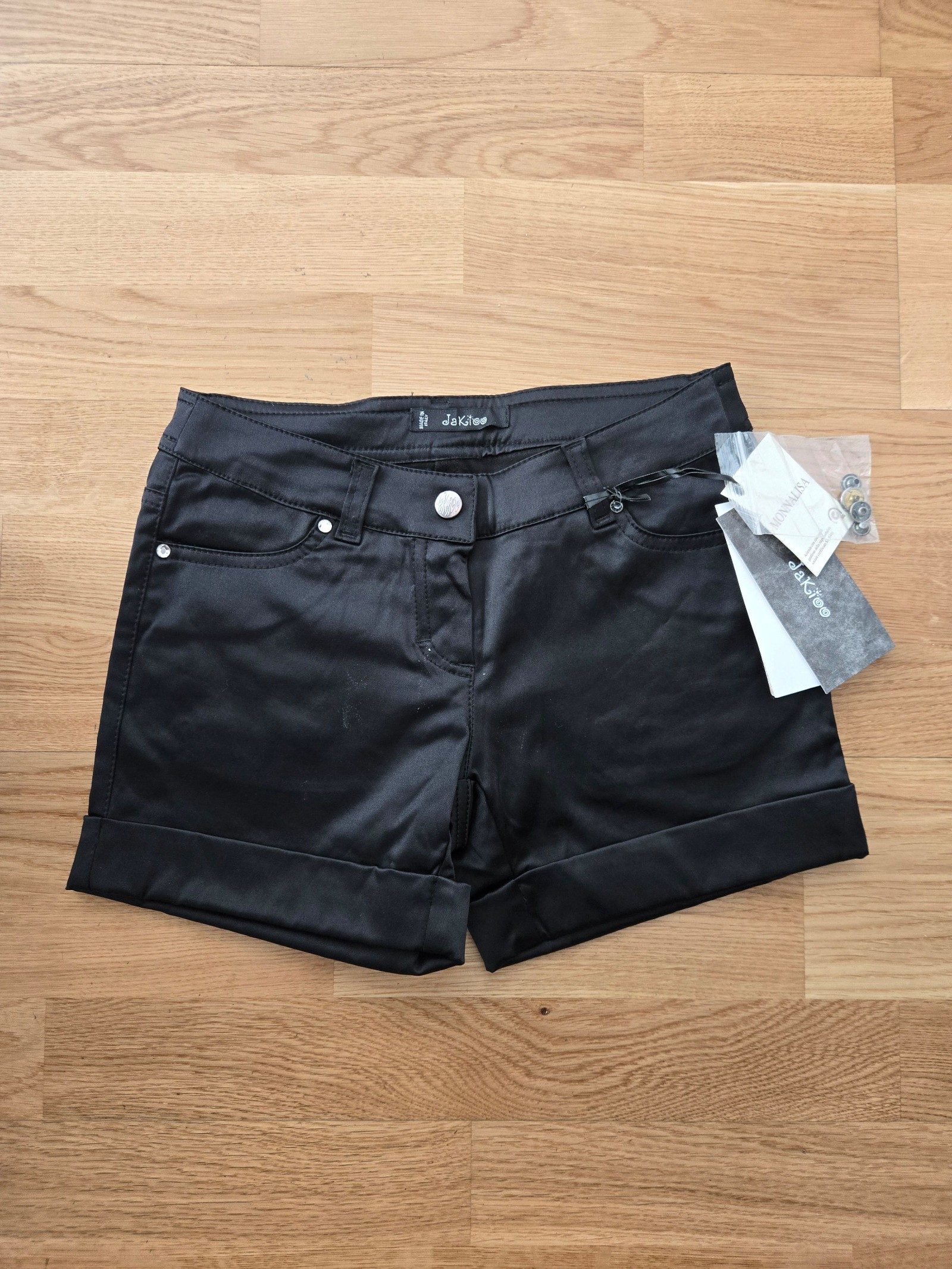 Monnalisa Jakioo Girls Black Satin Cuffed Shorts Size 10 Years NWT