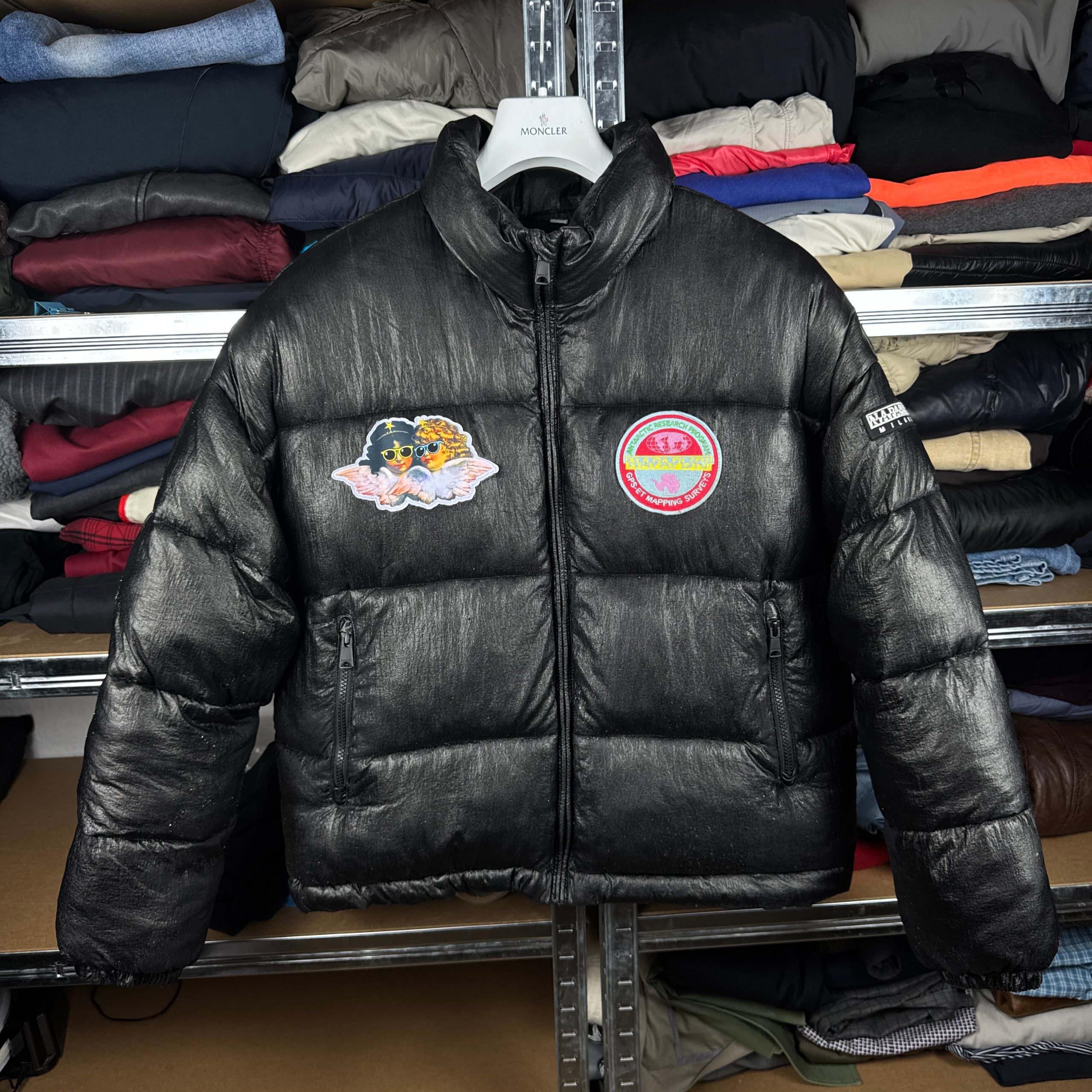 Women`s Napapijri x Fiorucci Black Shiny Oversize Winter Jacket Size M