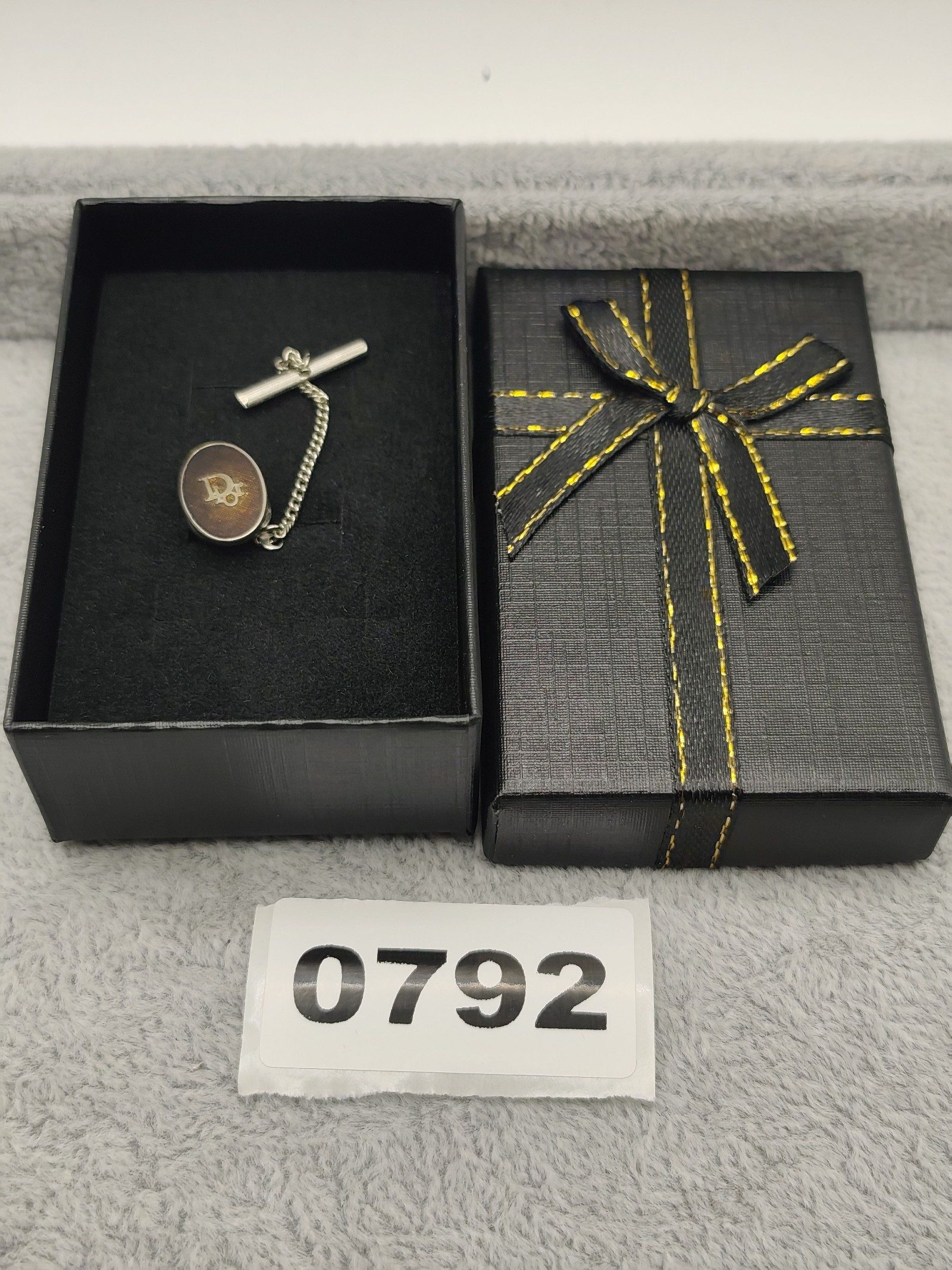 Dior Brown & Silver Tie Tack Pin with Chain