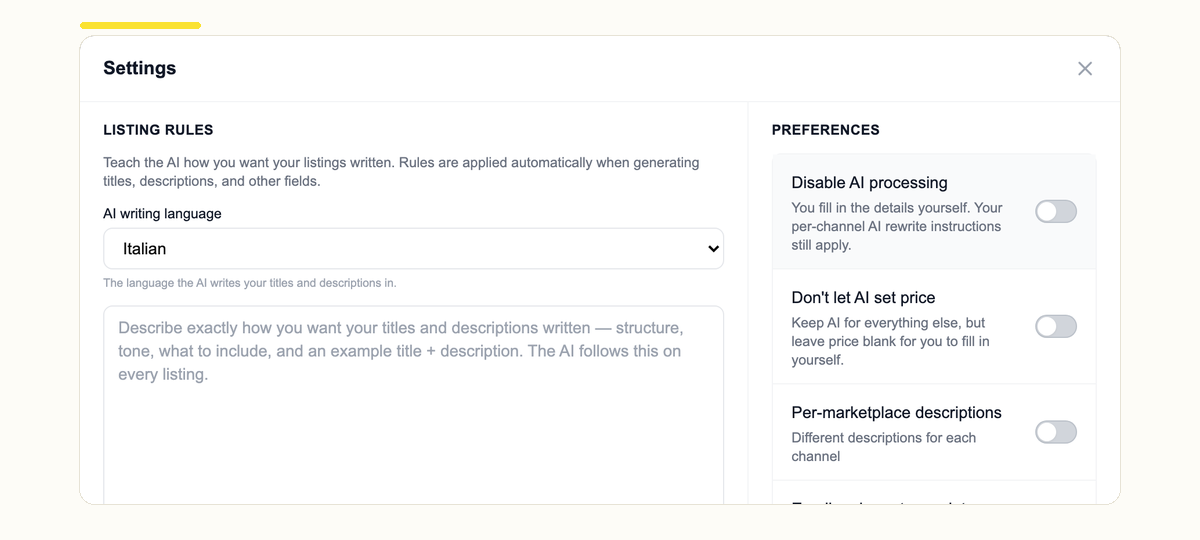 Choosing the AI listing language in FLUF Create settings