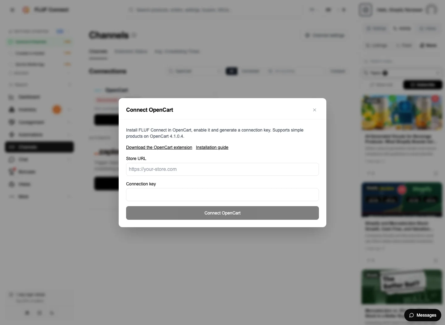 OpenCart connection form in the FLUF Connect Channels screen
