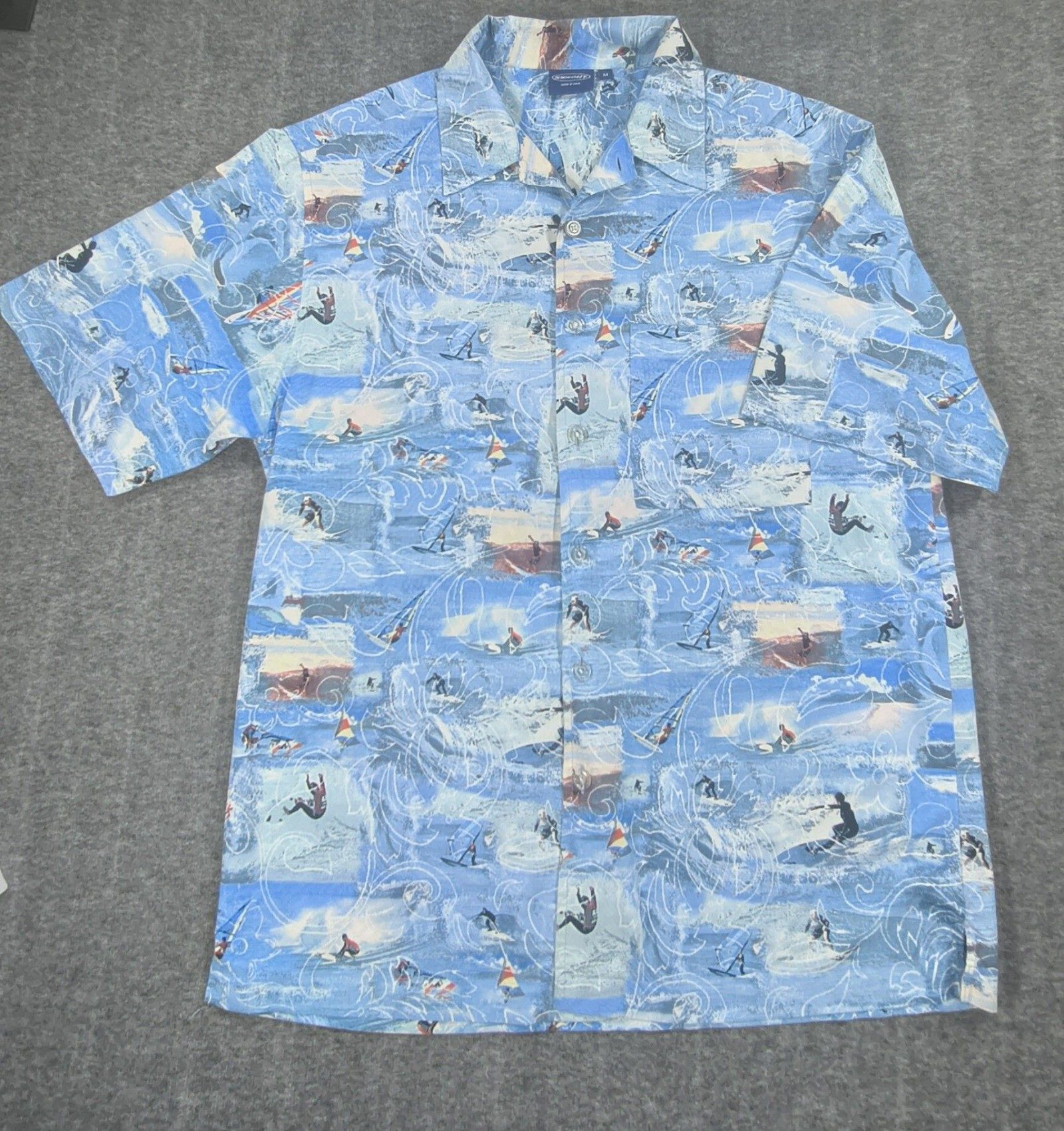 Sideout Blue & White Cool Surf Print Hawaiian Shirt Medium Big Waves