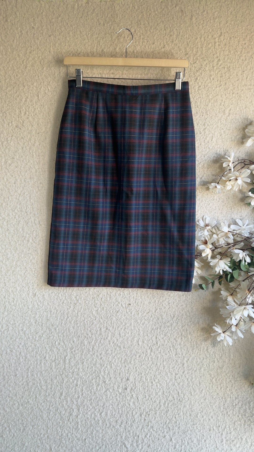 Berkertex Navy Multi Plaid Pencil Skirt UK 12 Polyester Viscose Nylon Lined