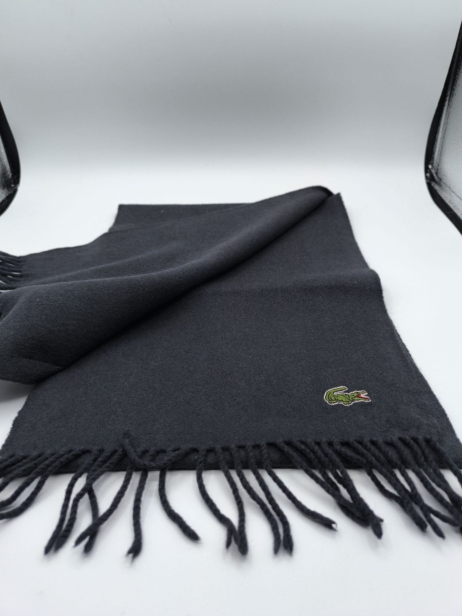 Lacoste Black Wool Scarf 100% Wool Classic Croc Logo image 4