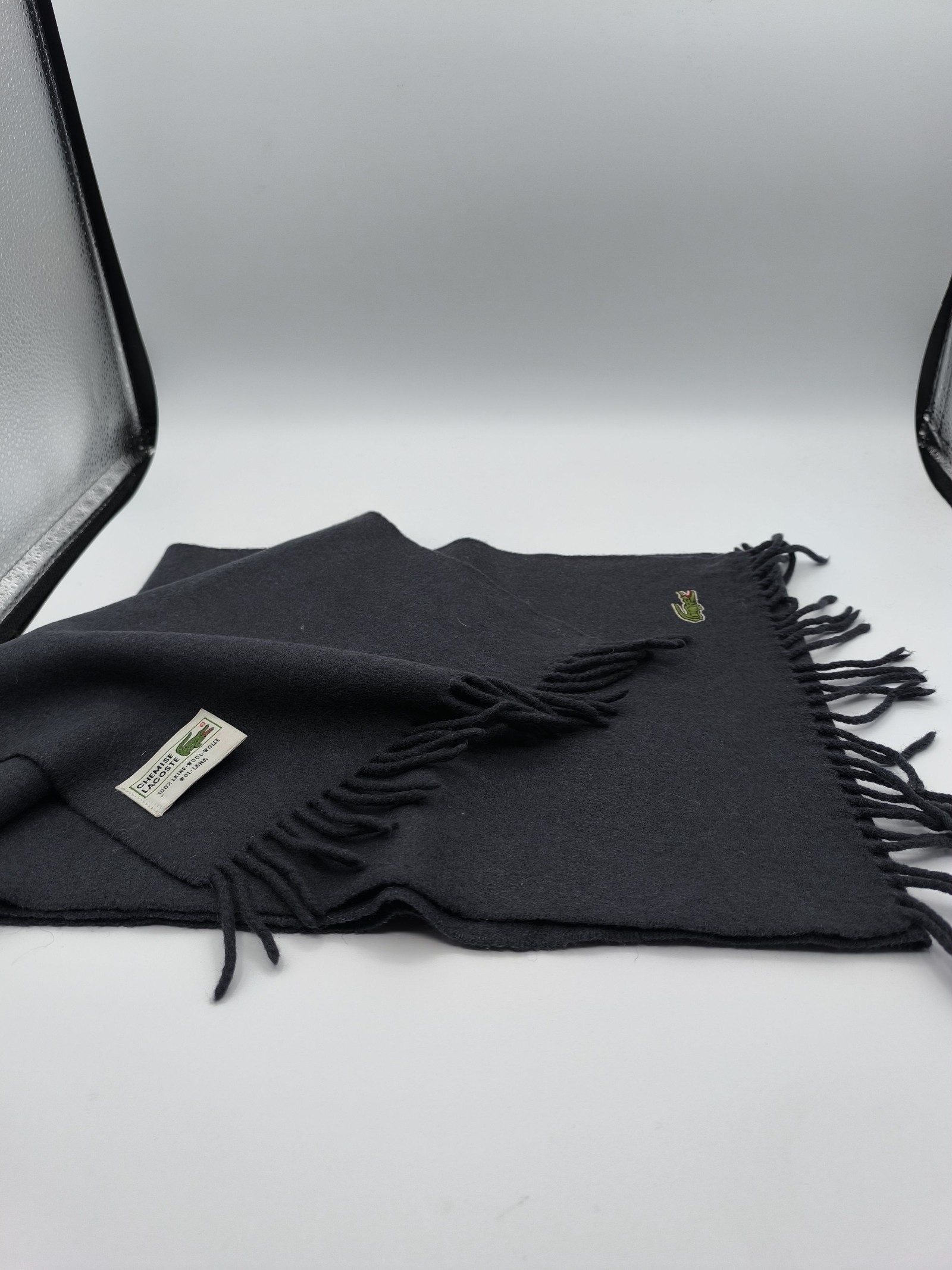 Lacoste Black Wool Scarf 100% Wool Classic Croc Logo image 10