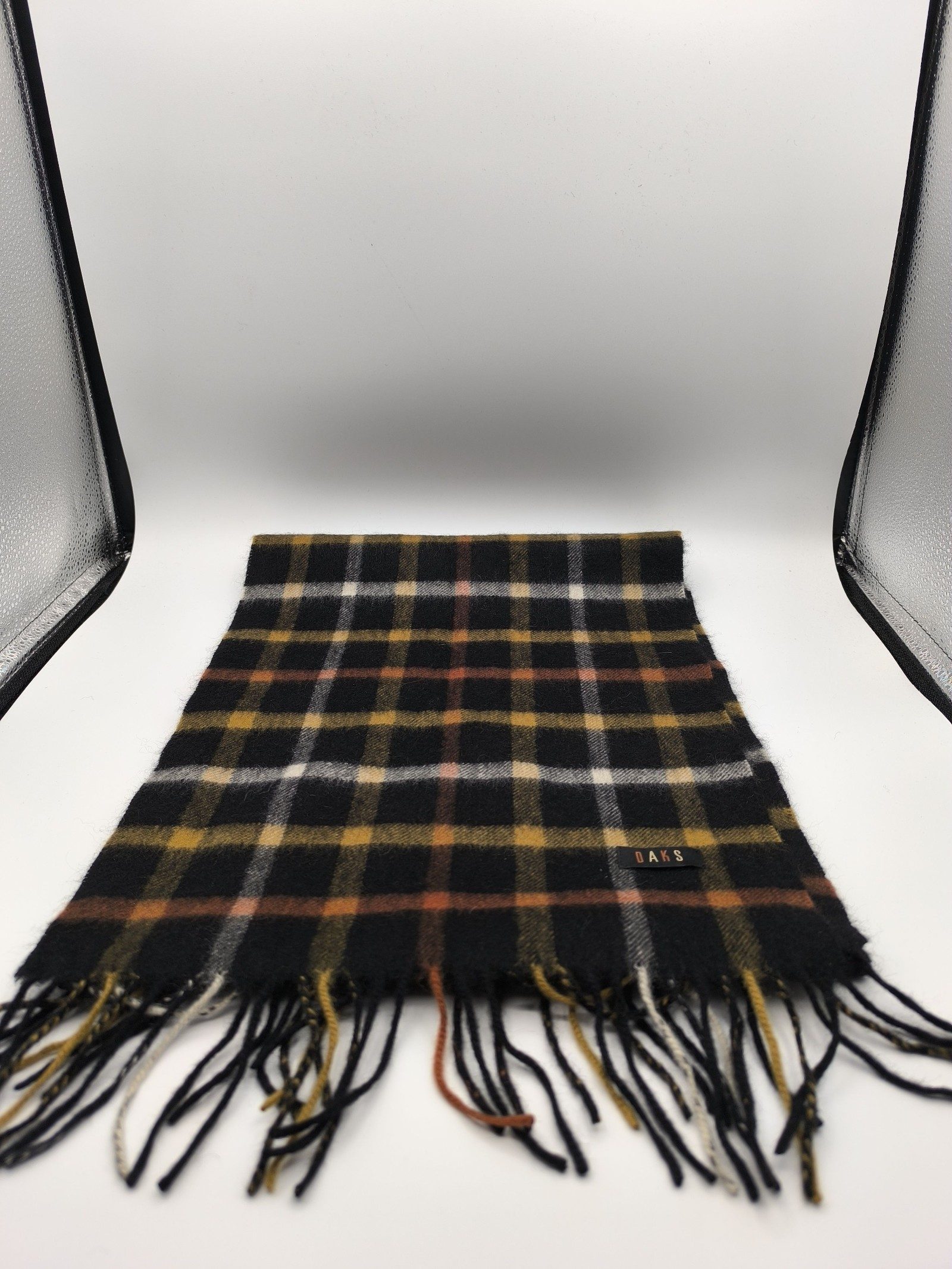 DAKS Black & Brown Check Wool Scarf
