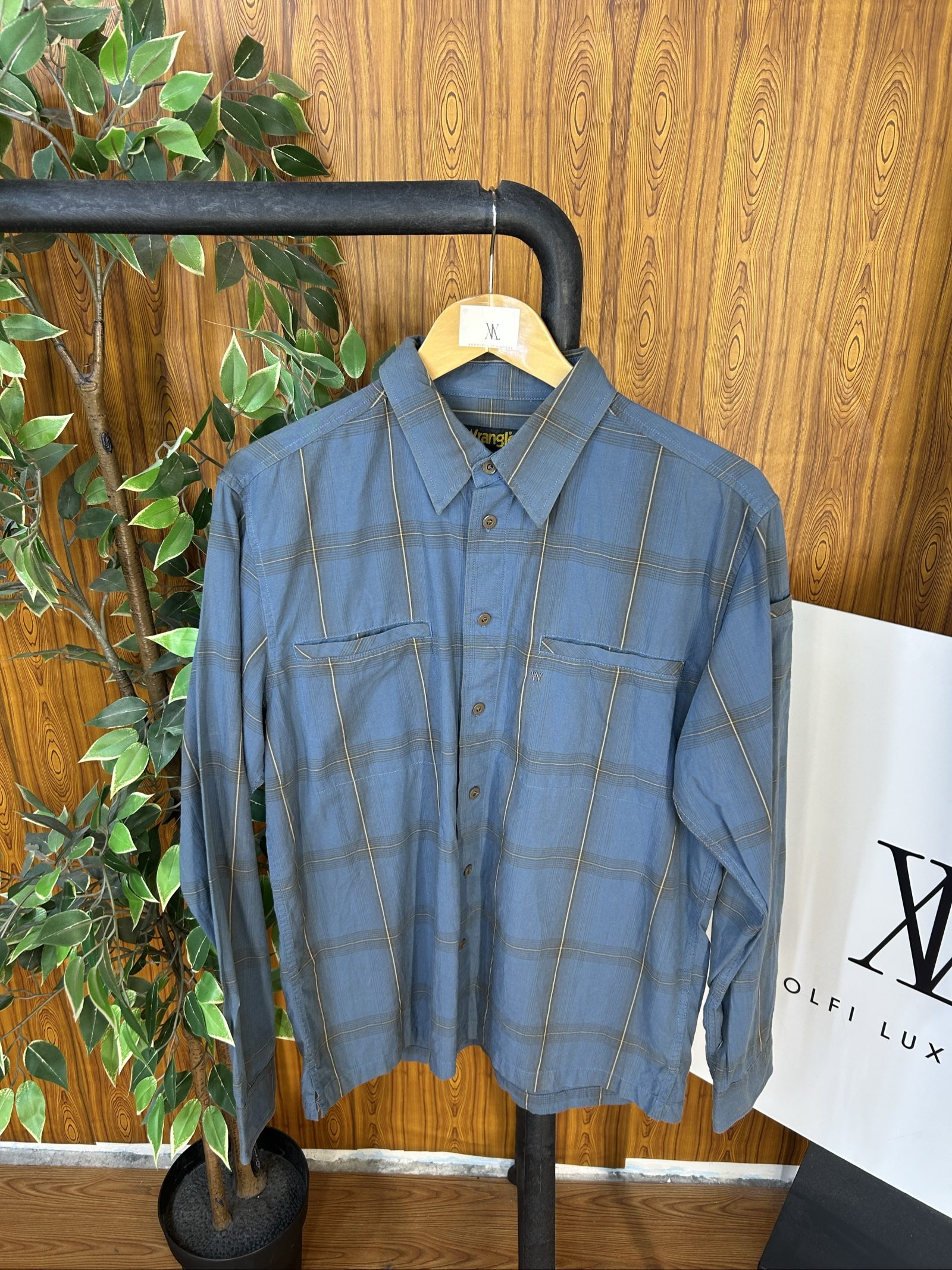 Wrangler Uomo Camicia Azzurra a Quadri Taglia L Cotone