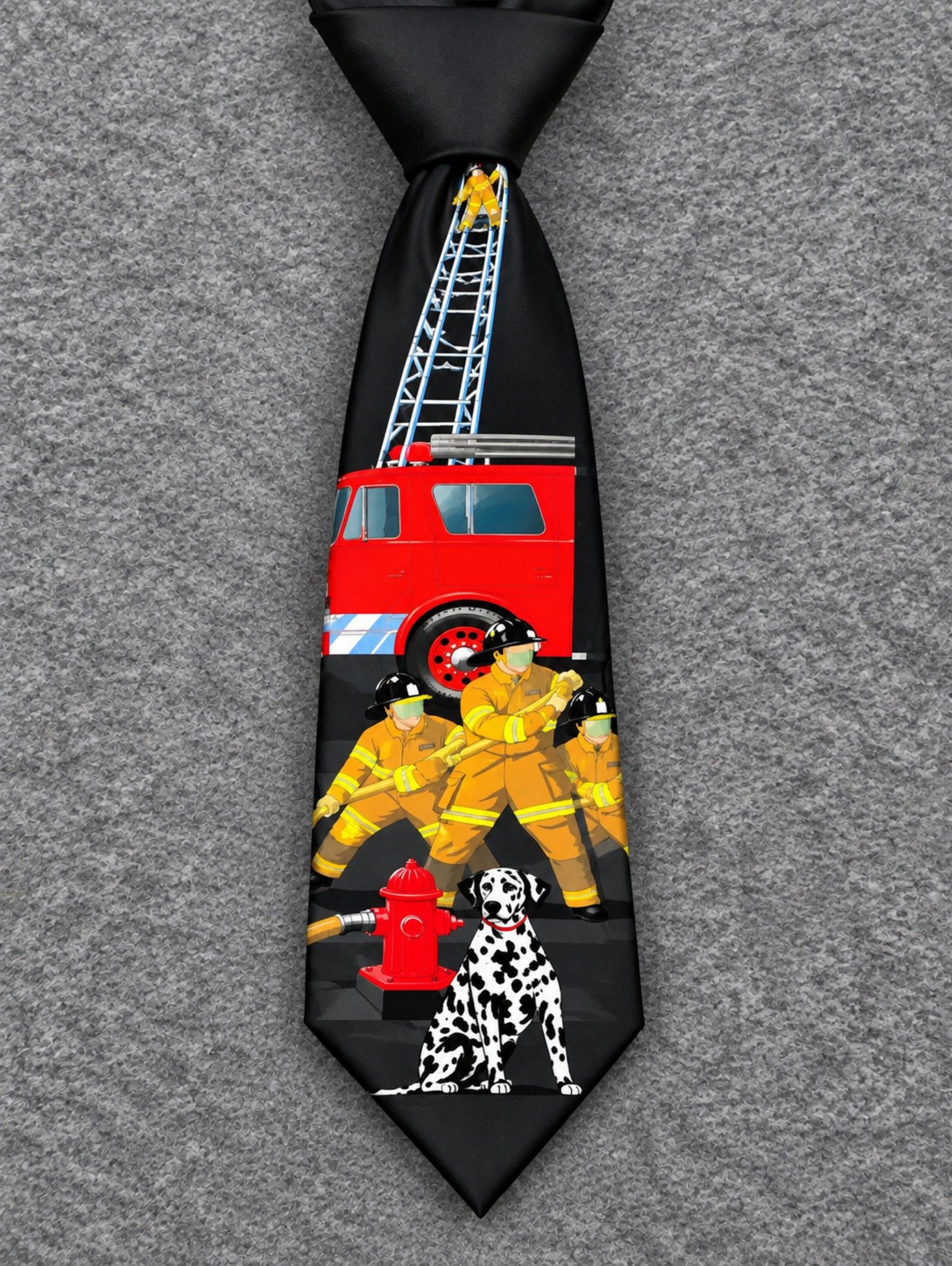 Firefighter Black & Red Fire Truck & Dalmatian Print Neck Tie One Size 911