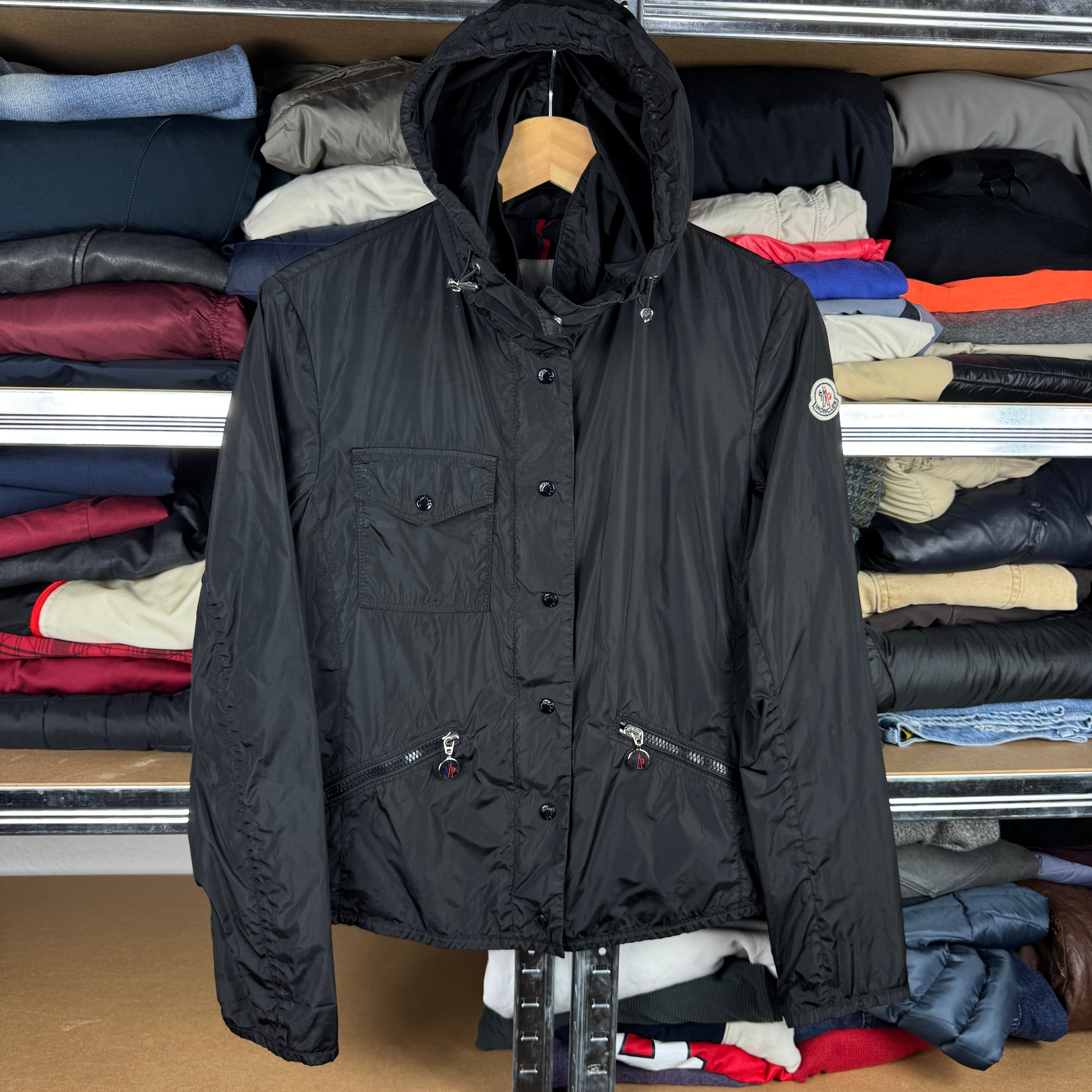 Women`s Moncler Fauve Black Hooded Lightweight Nylon Jacket Size 2 / M
