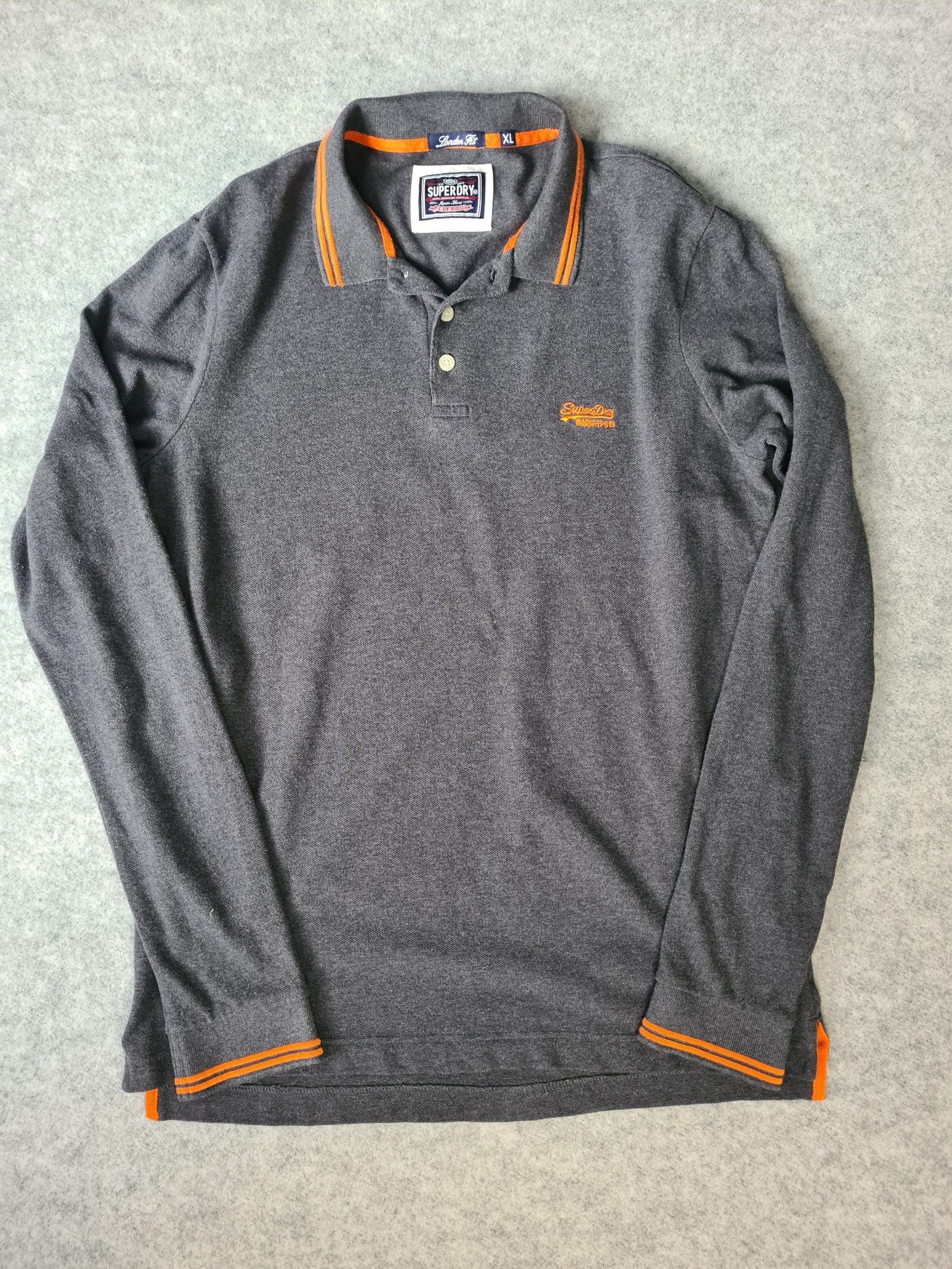 Superdry Grey Long Sleeve Polo Shirt Orange Trim XL Slim Fit 1185
