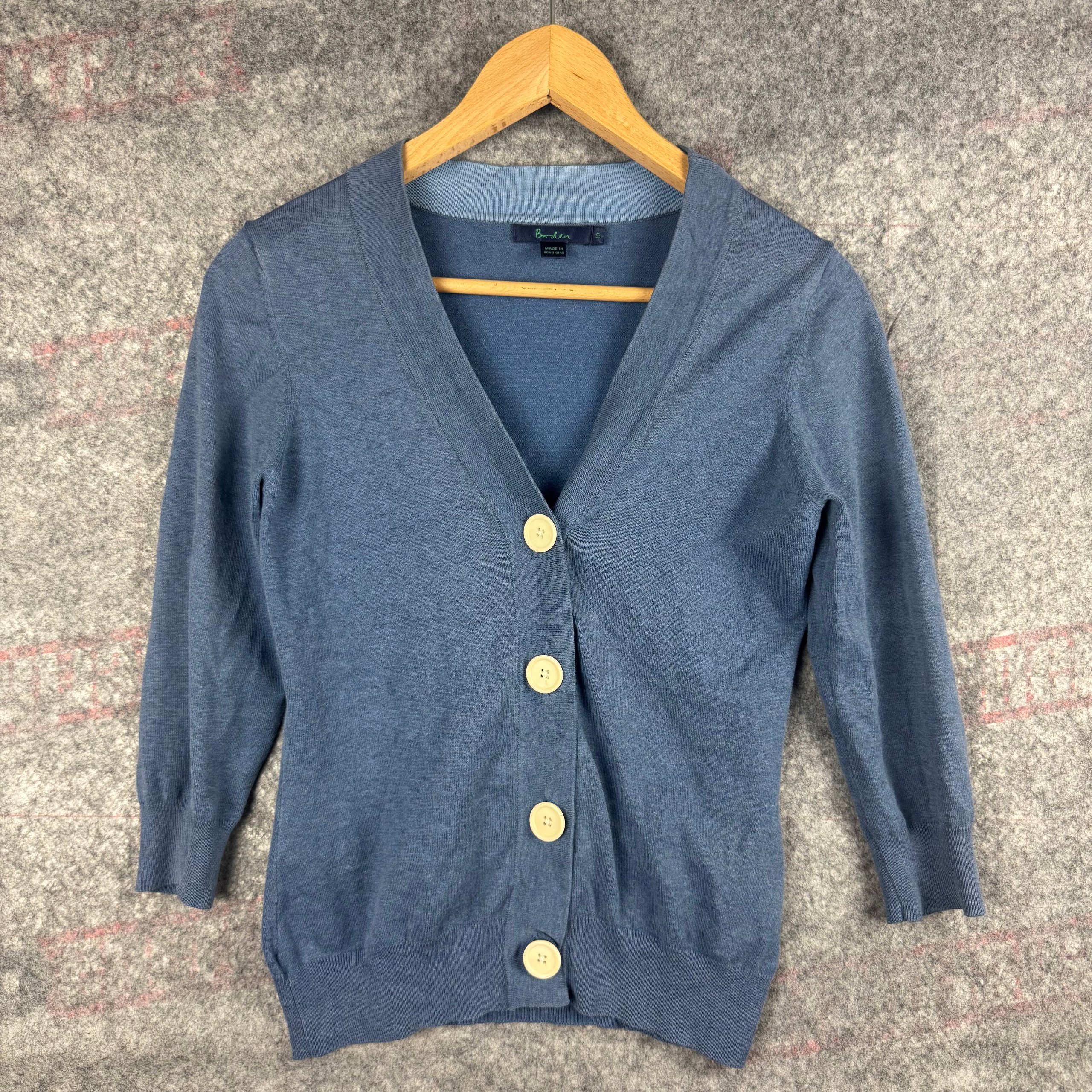Boden Slate Blue Fine Knit Cardigan Women’s S Blue V‑Neck Buttons
