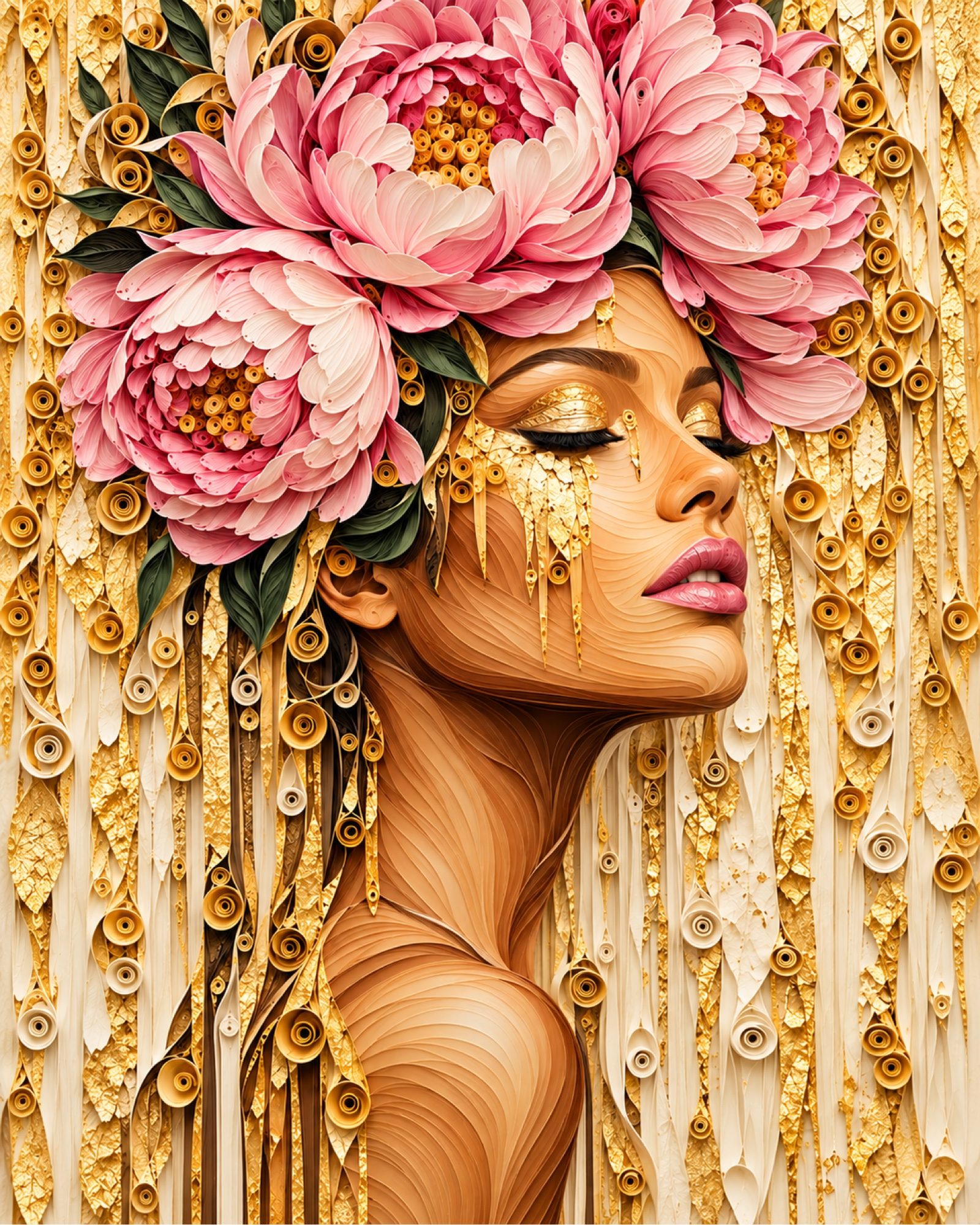 8x10 Black Framed Pink Peony & Gold Woman Art Print