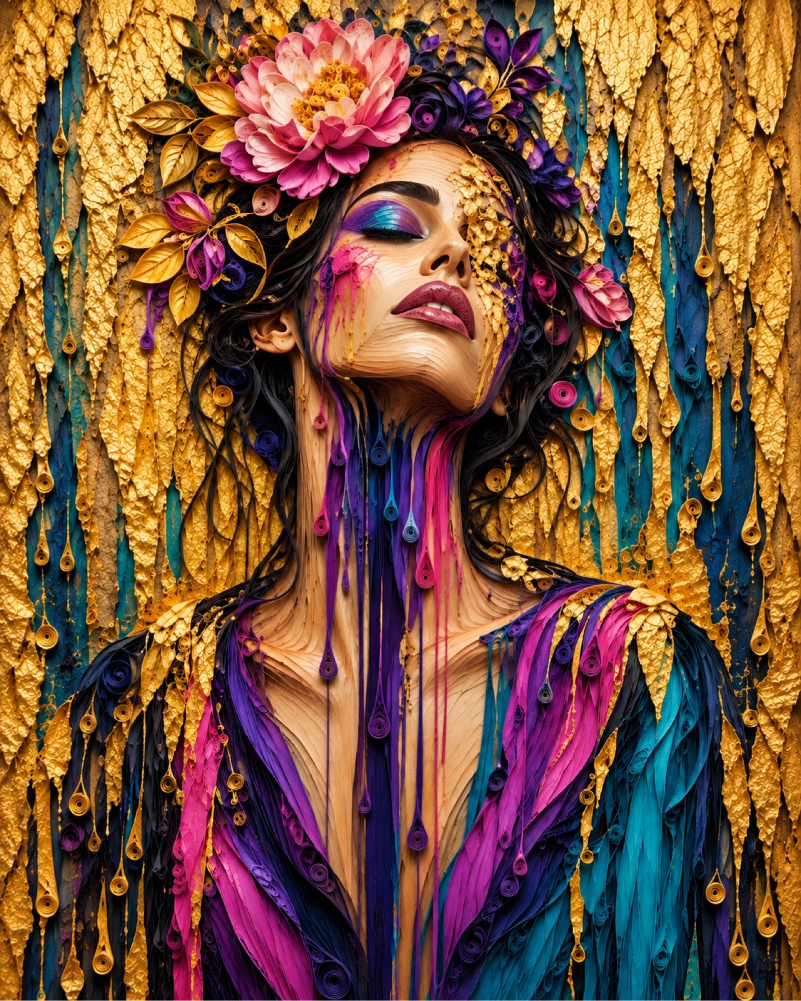 8x10 Black Framed Teal Purple & Gold Floral Woman Art Print