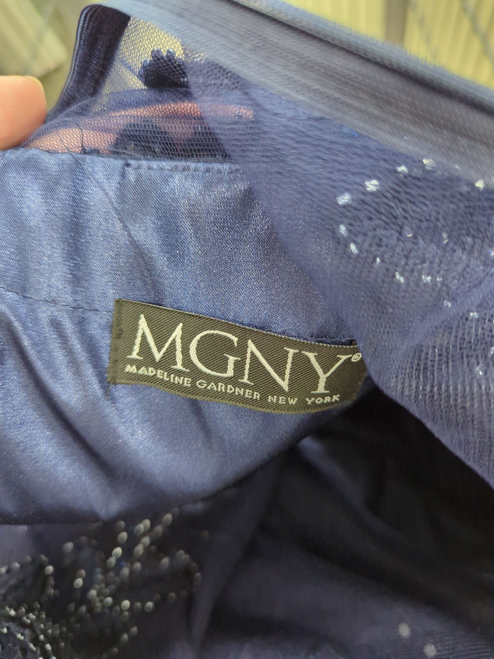 MGNY Navy Beaded Evening Dress Large Short Sleeve