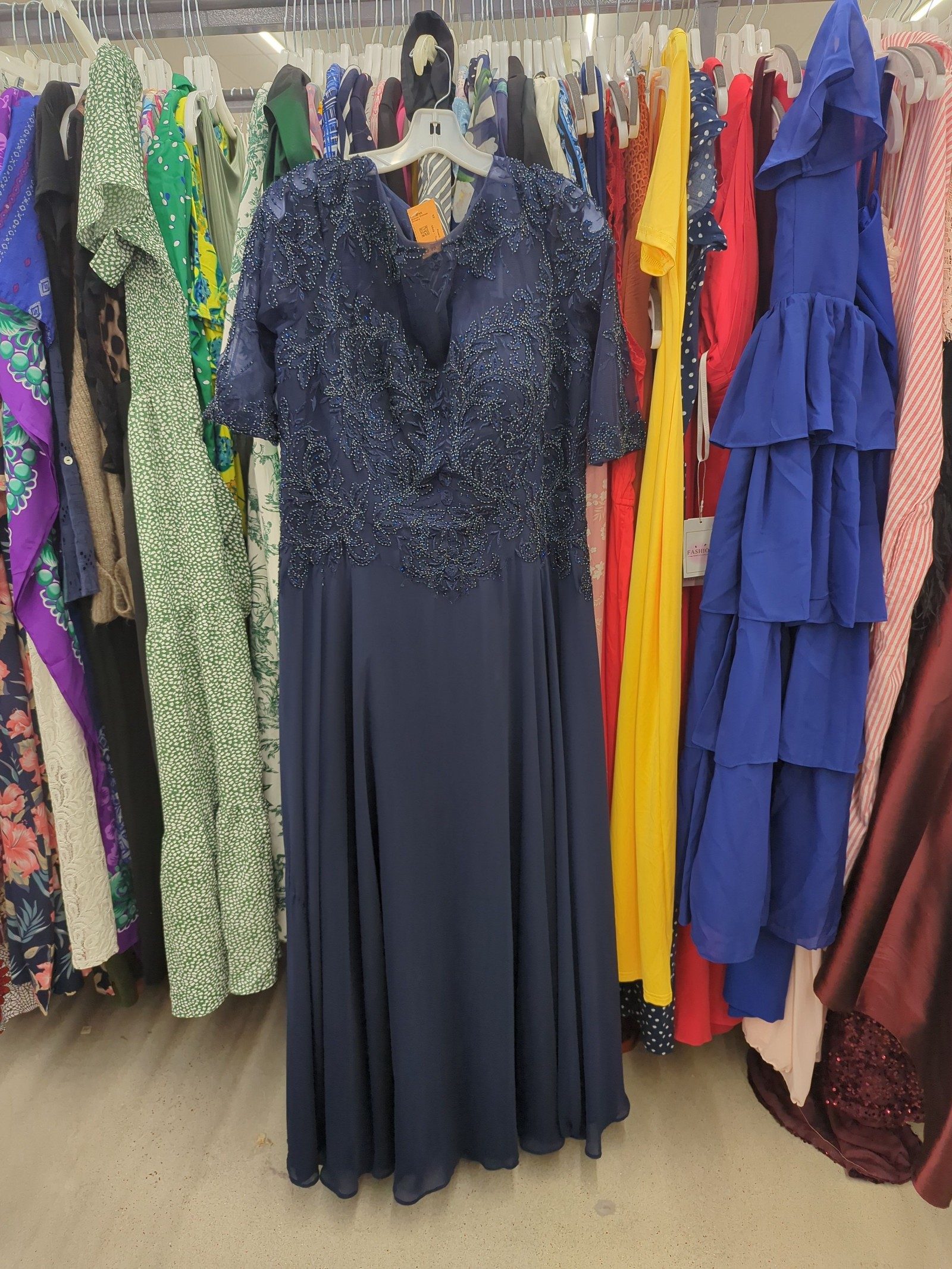 MGNY Navy Beaded Evening Dress Large Short Sleeve image 2