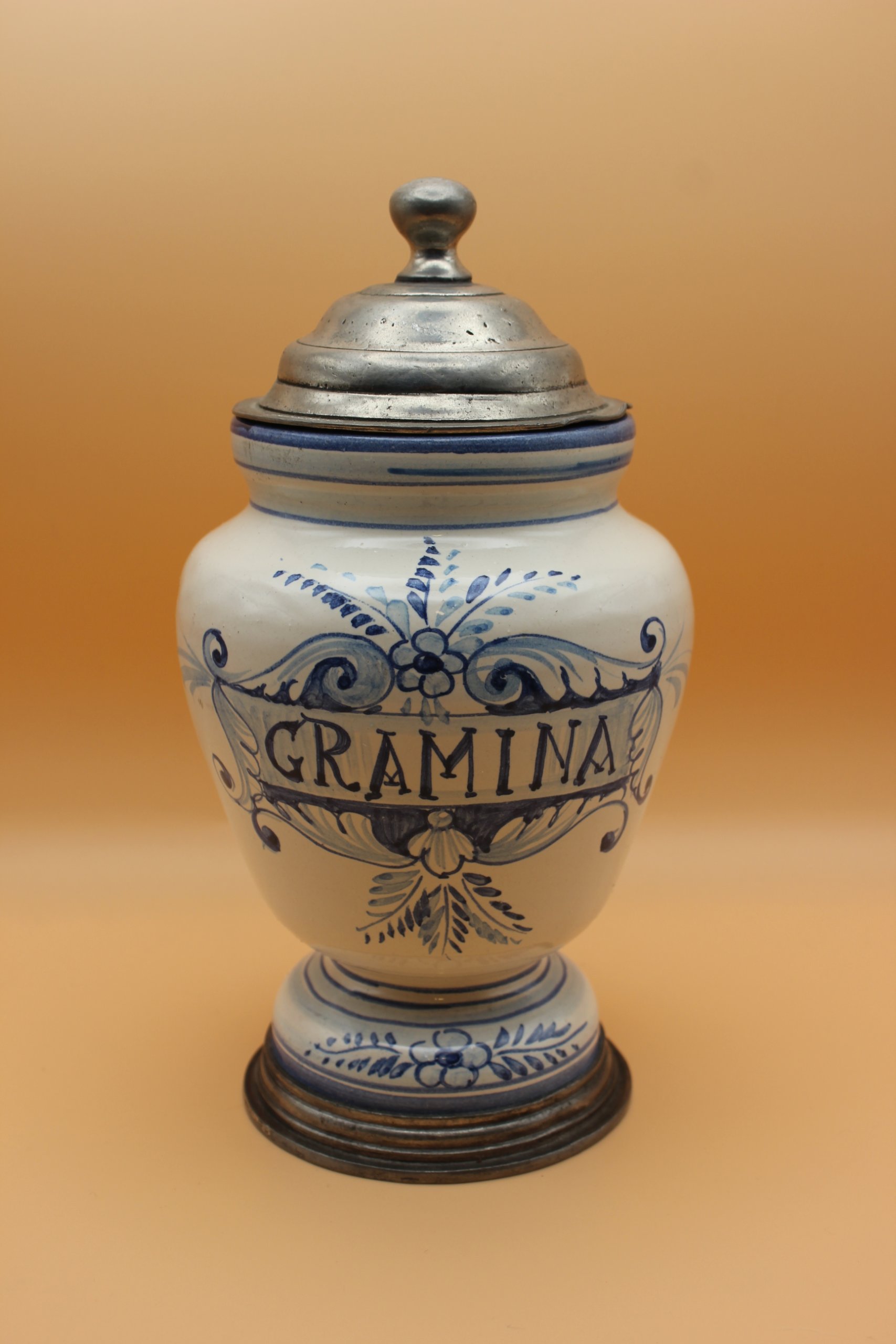 🏺 Pot à pharmacie ancien en faïence « gramina » couvercle et socle en métal