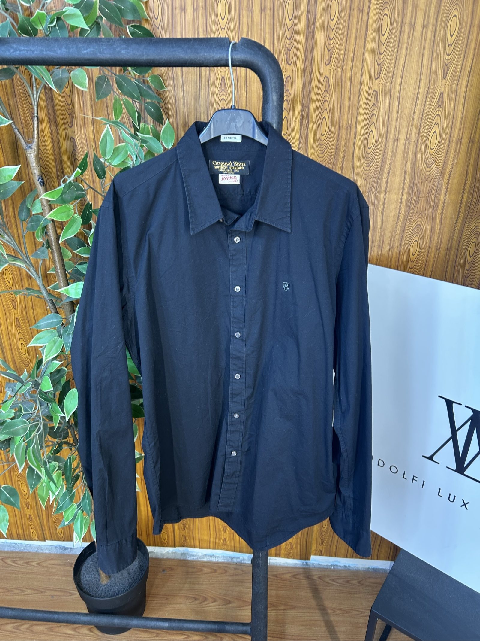 Replay Camicia Nera Uomo XL Stretch Cotone
