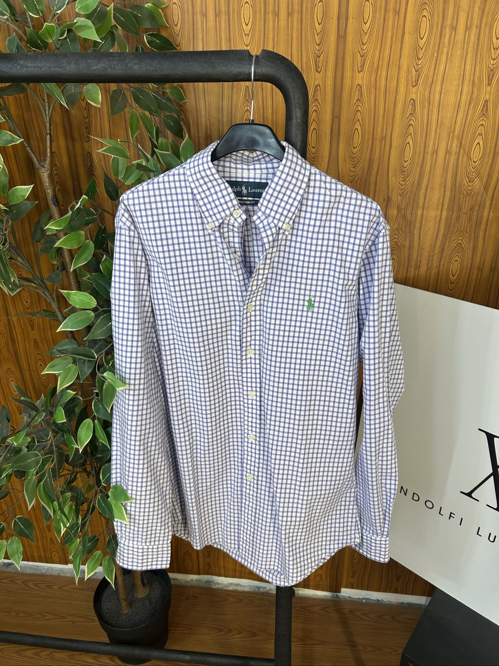 Ralph Lauren Uomo Camicia Quadri Viola e Bianco S Custom Fit Cotone