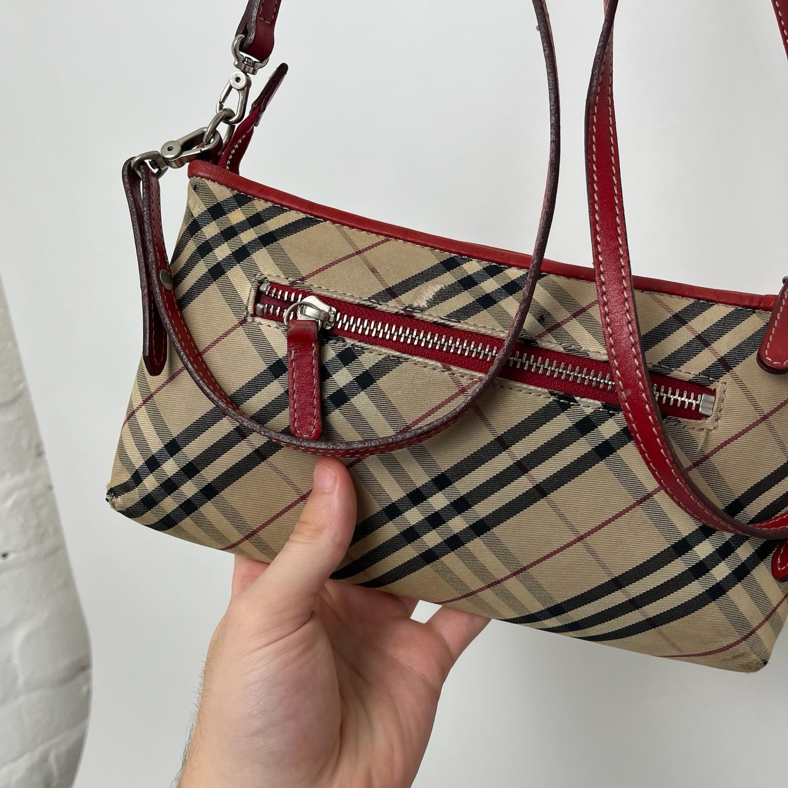 Burberry Women Beige & Red Check Crossbody Bag Small