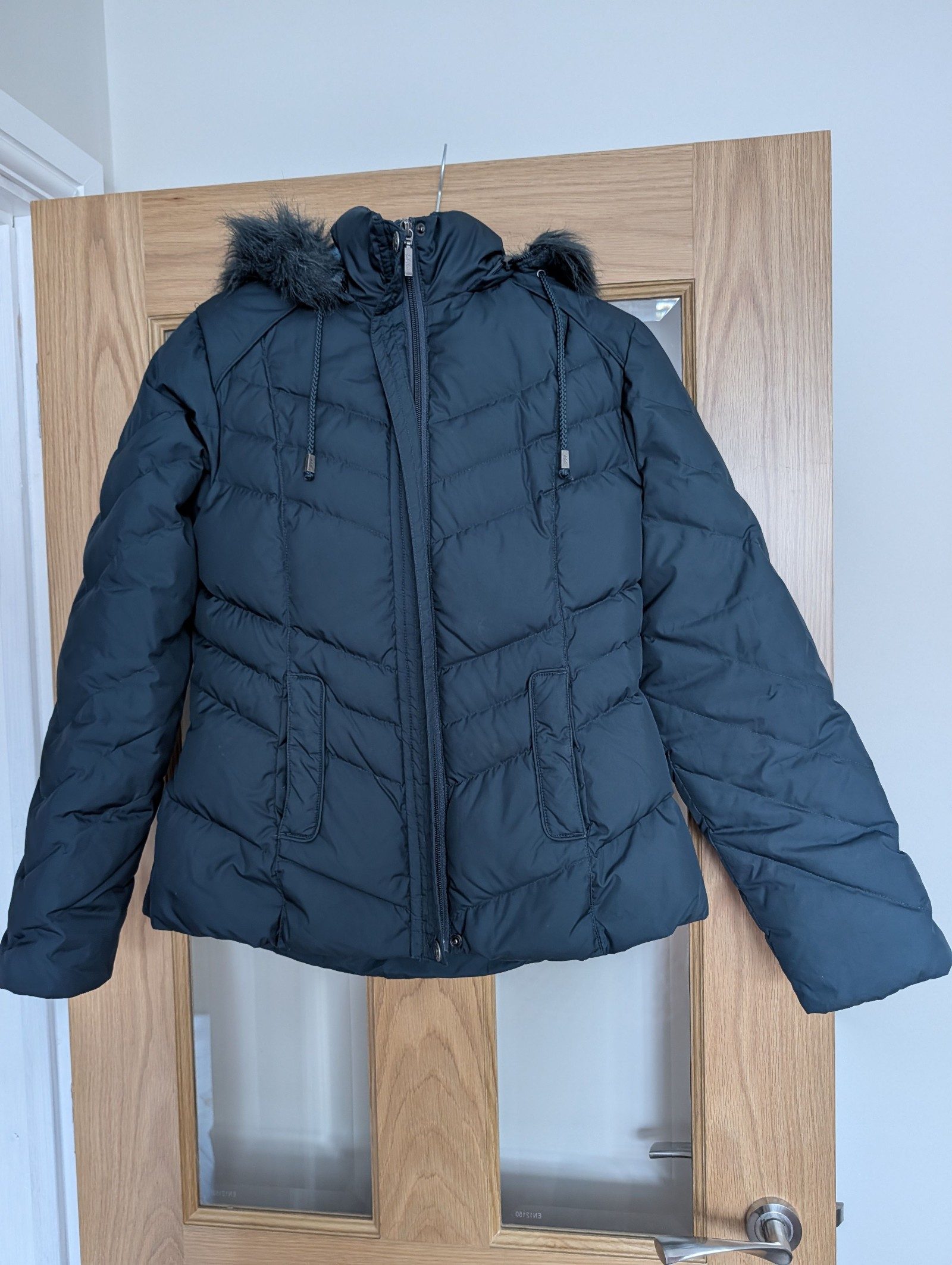 Per Una Black Quilted Puffer Jacket Small Faux Fur Trim Women's