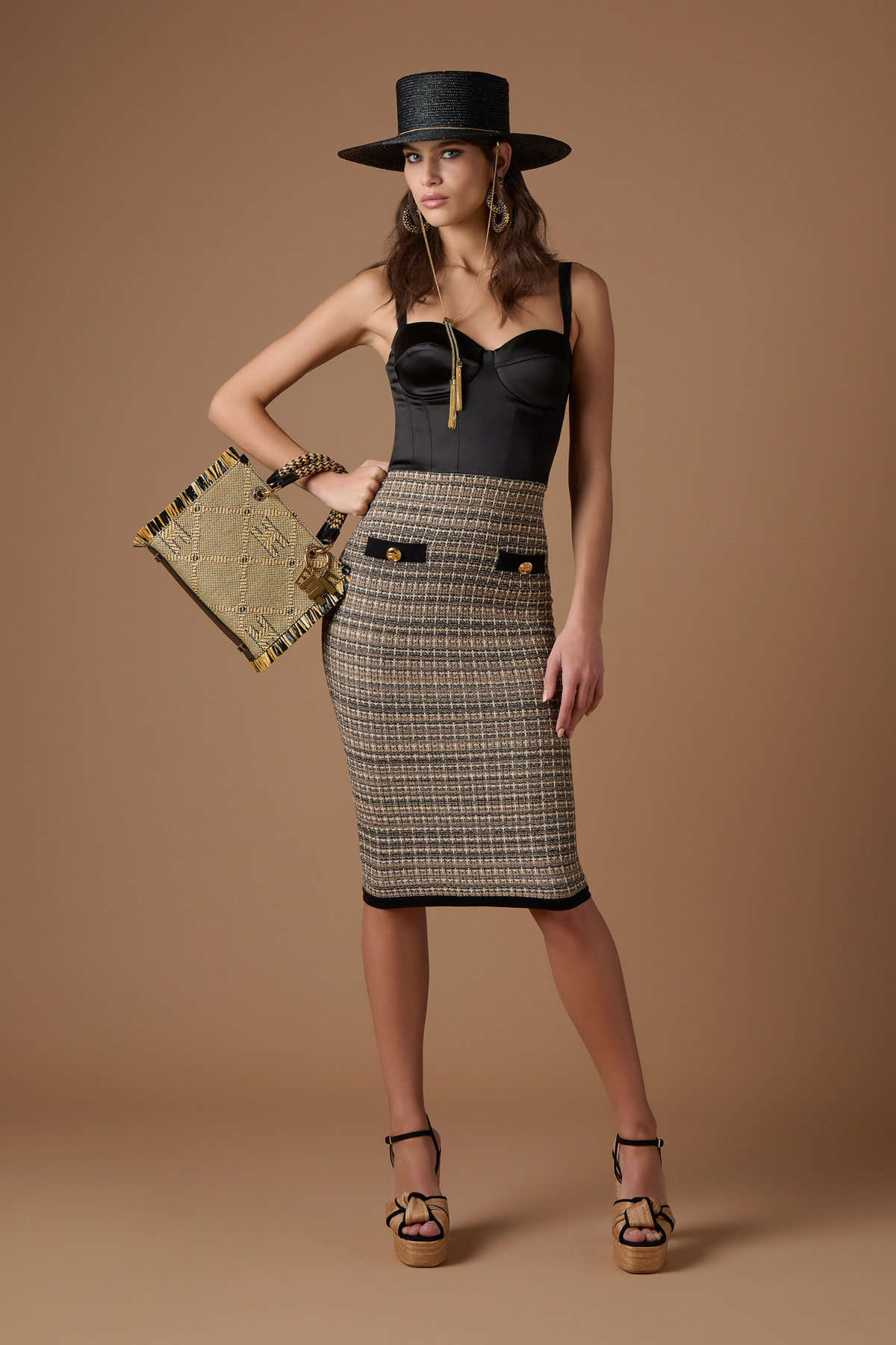 New Elisabetta Franchi Tweed & Satin Bustier Midi Dress Size S image 3