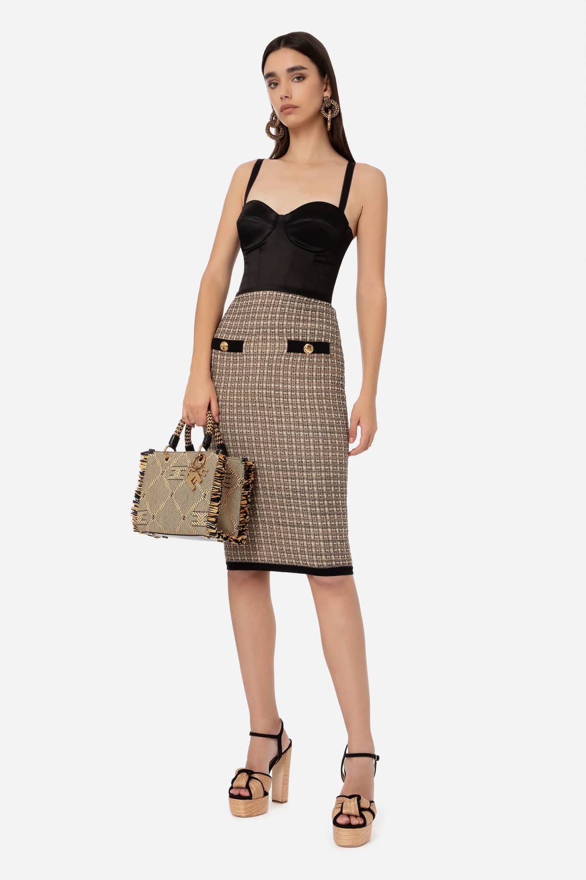 New Elisabetta Franchi Tweed & Satin Bustier Midi Dress Size S image 2