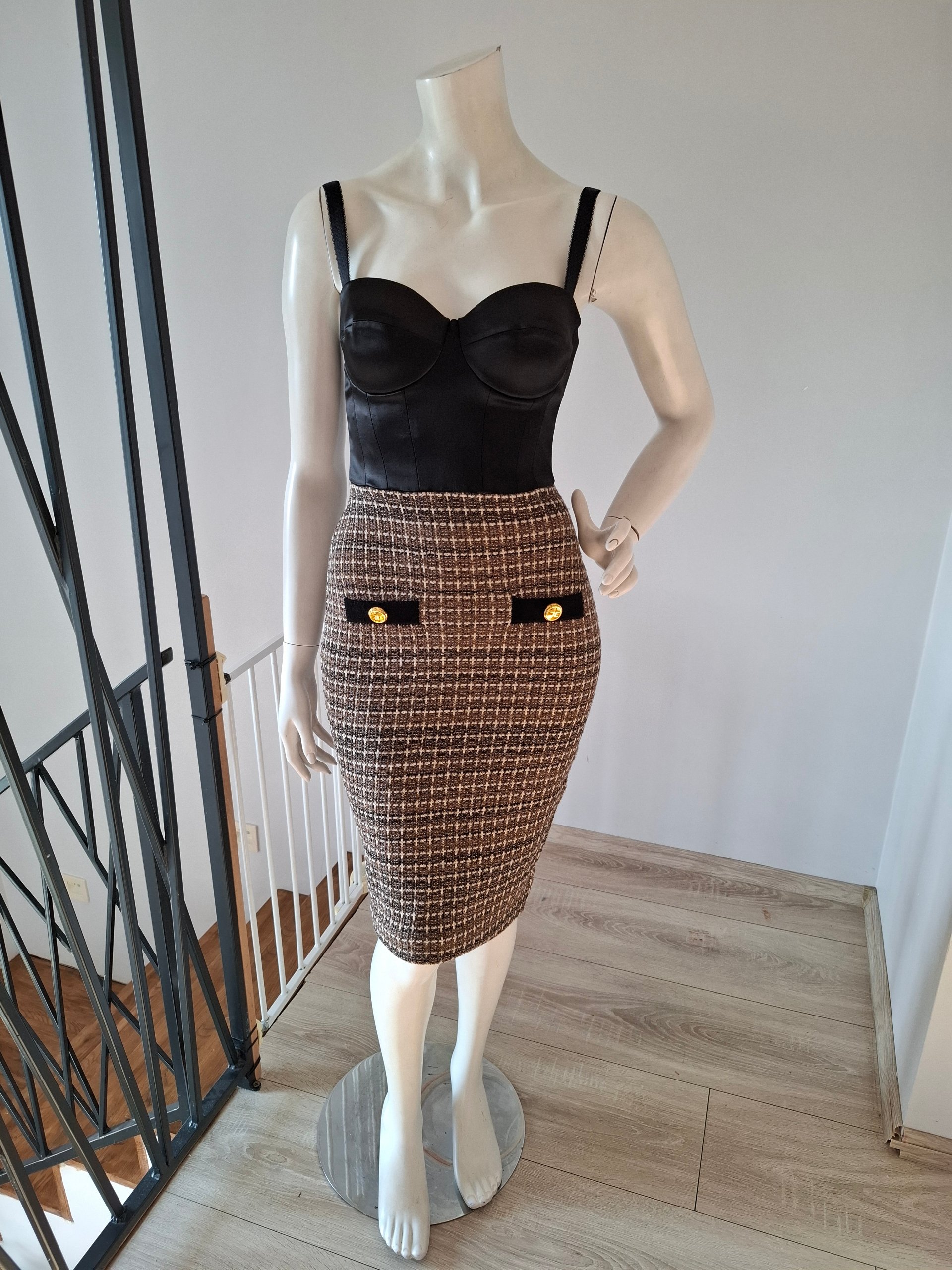 New Elisabetta Franchi Tweed & Satin Bustier Midi Dress Size S image 6