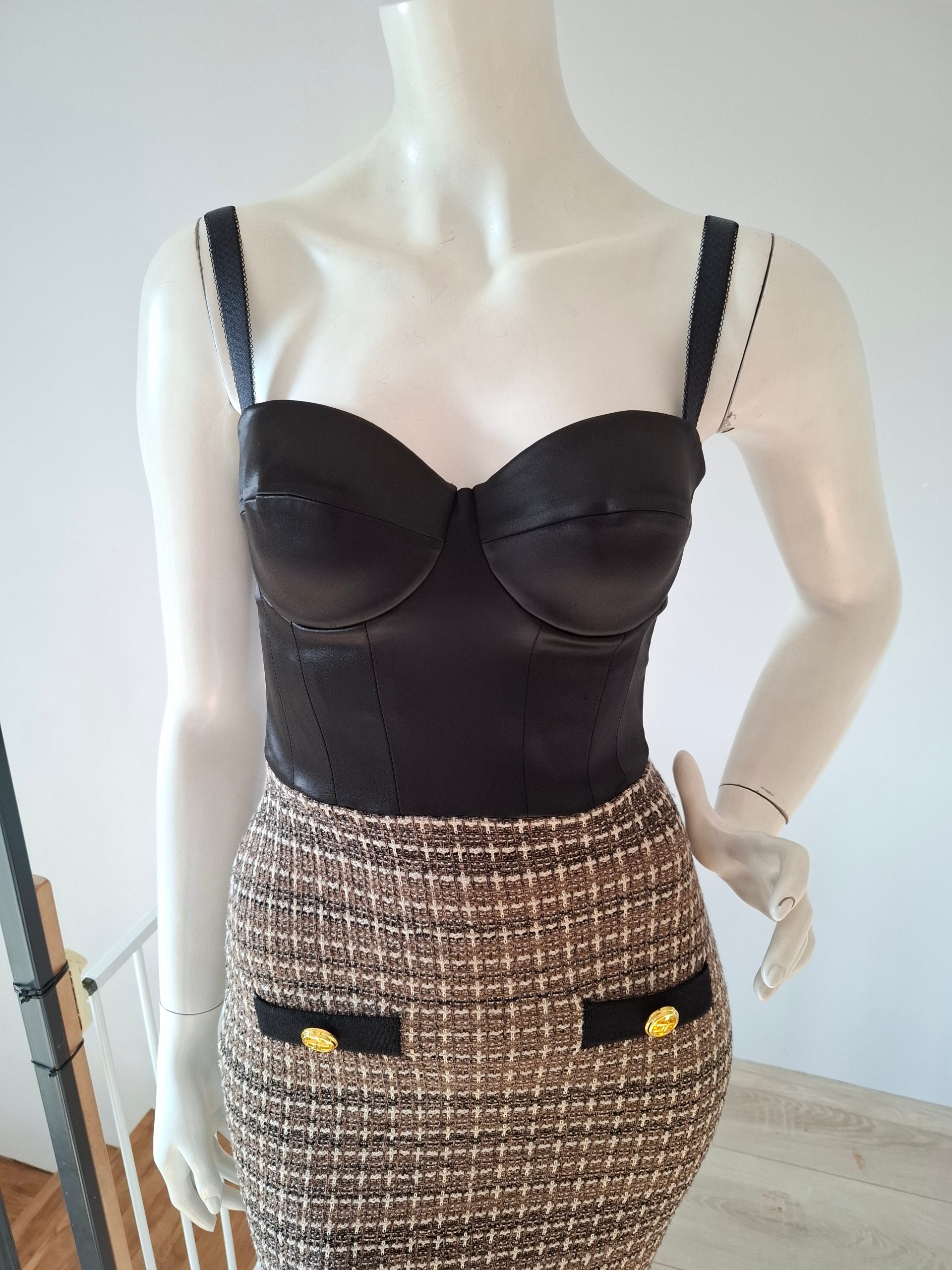 New Elisabetta Franchi Tweed & Satin Bustier Midi Dress Size S image 10