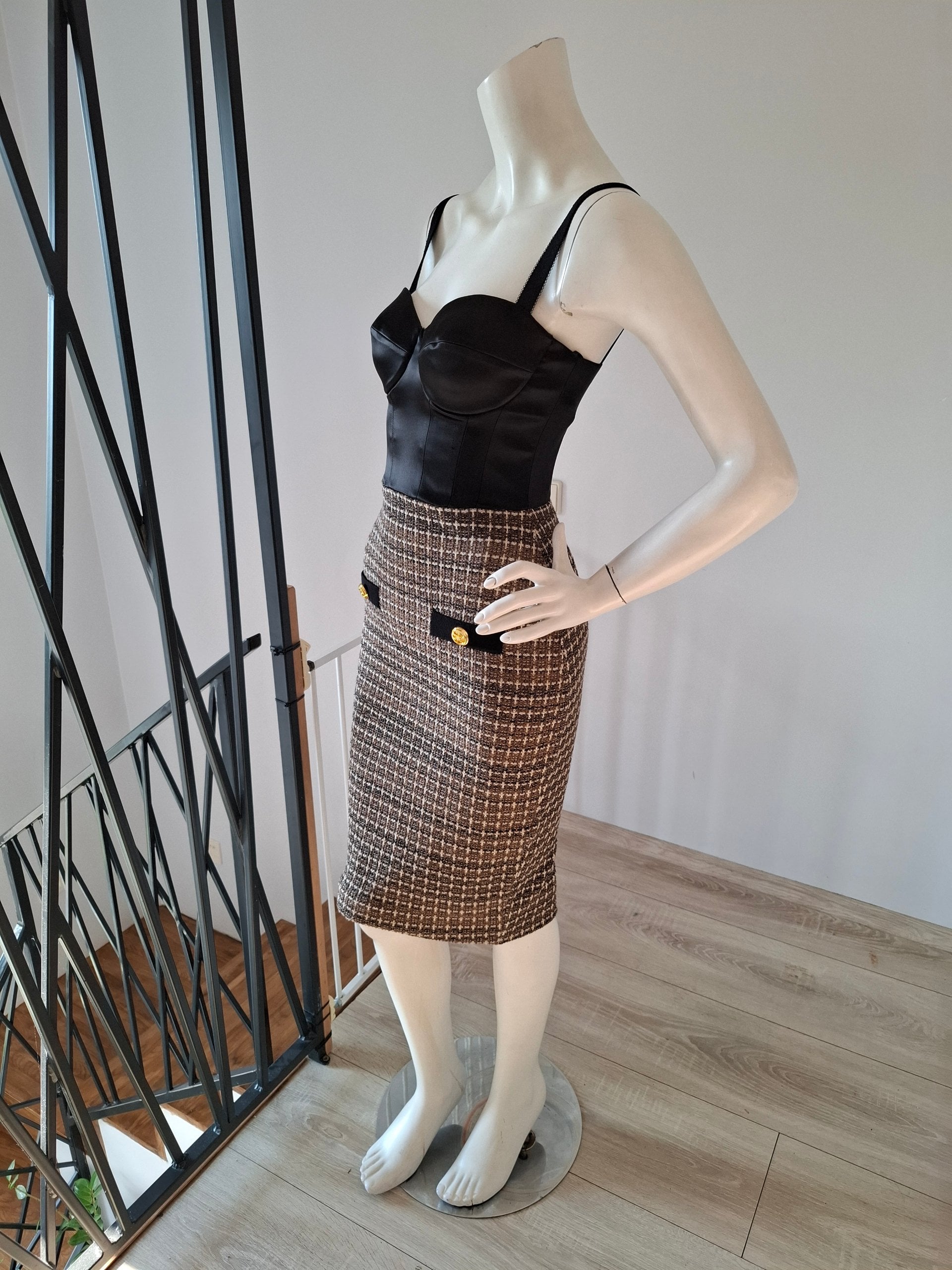 New Elisabetta Franchi Tweed & Satin Bustier Midi Dress Size S image 7
