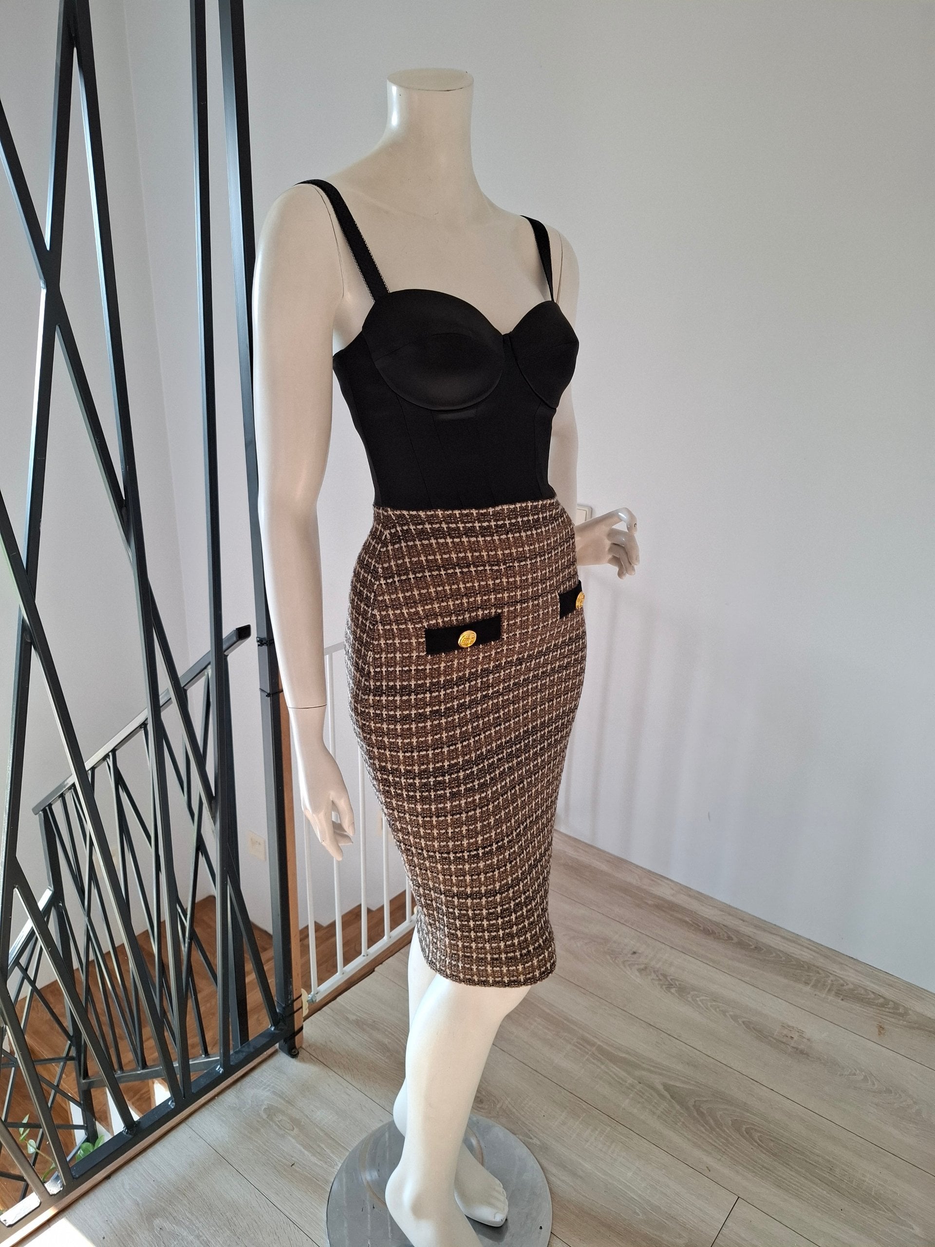New Elisabetta Franchi Tweed & Satin Bustier Midi Dress Size S image 8