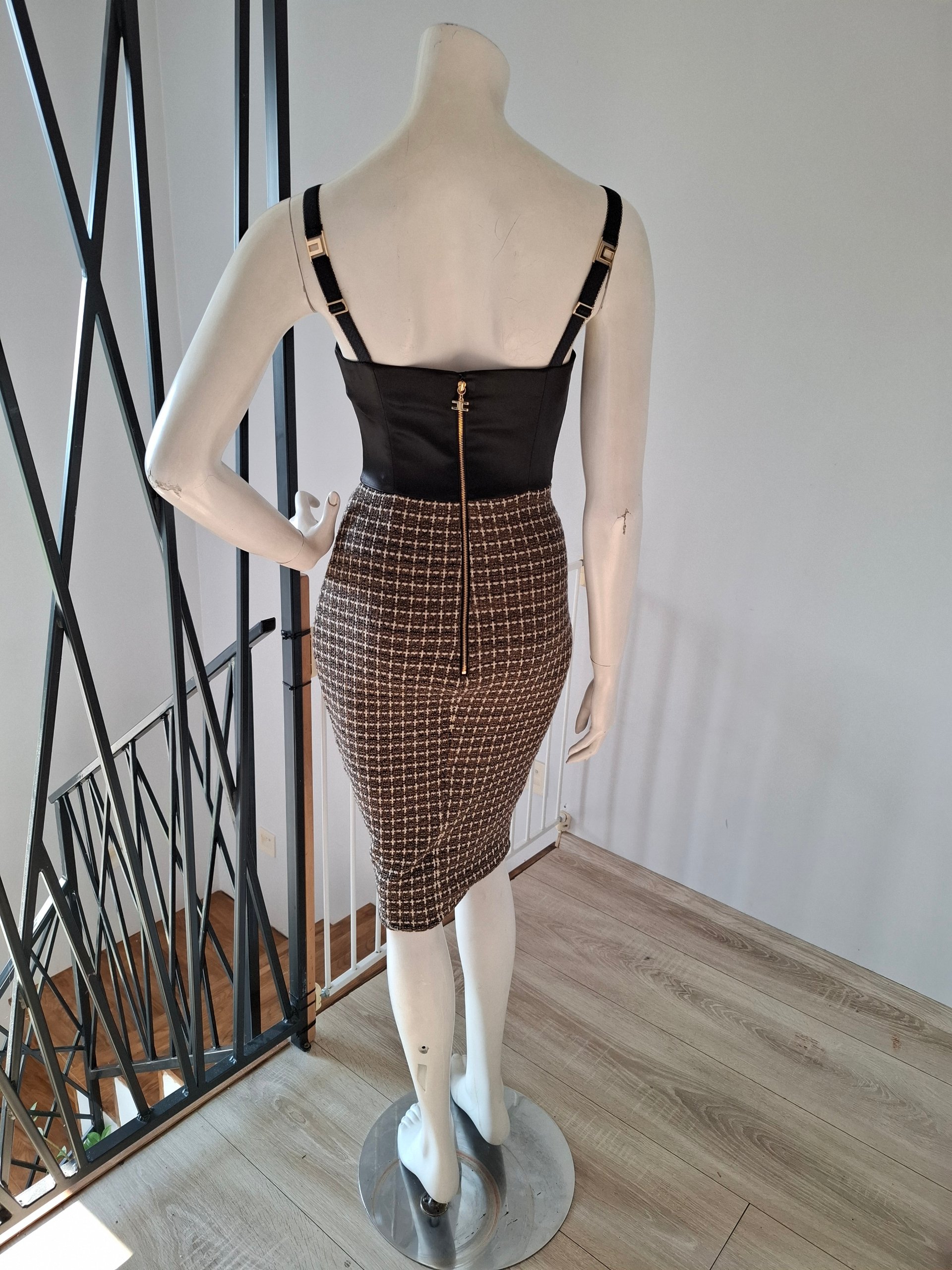 New Elisabetta Franchi Tweed & Satin Bustier Midi Dress Size S image 9