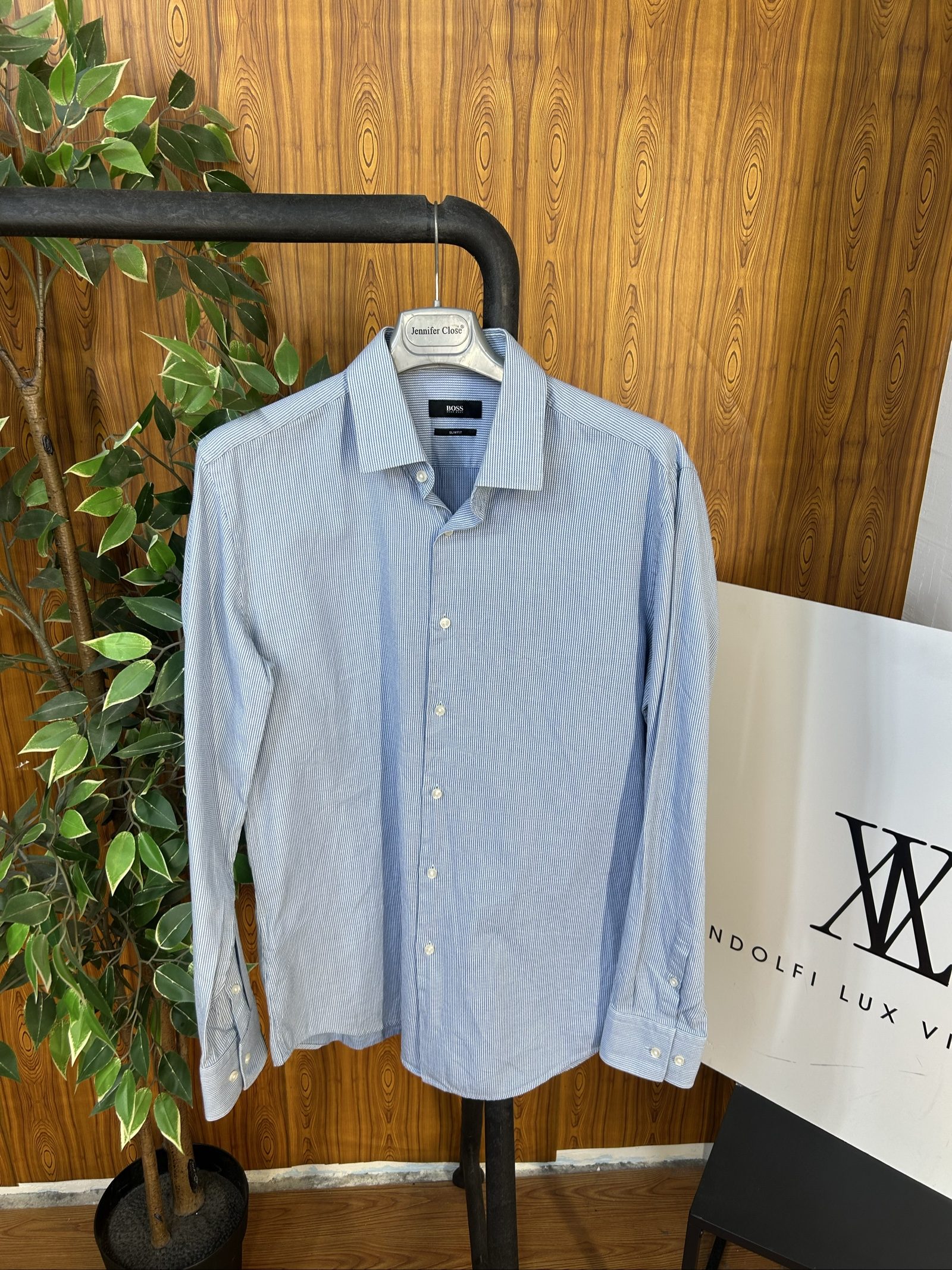 Boss Men's Blue & White Striped Slim Fit Shirt EU 41