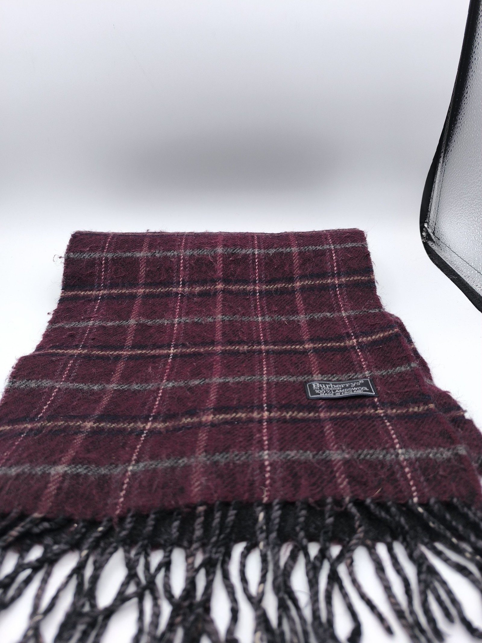 Burberry Burgundy & Grey Lambswool Check Scarf