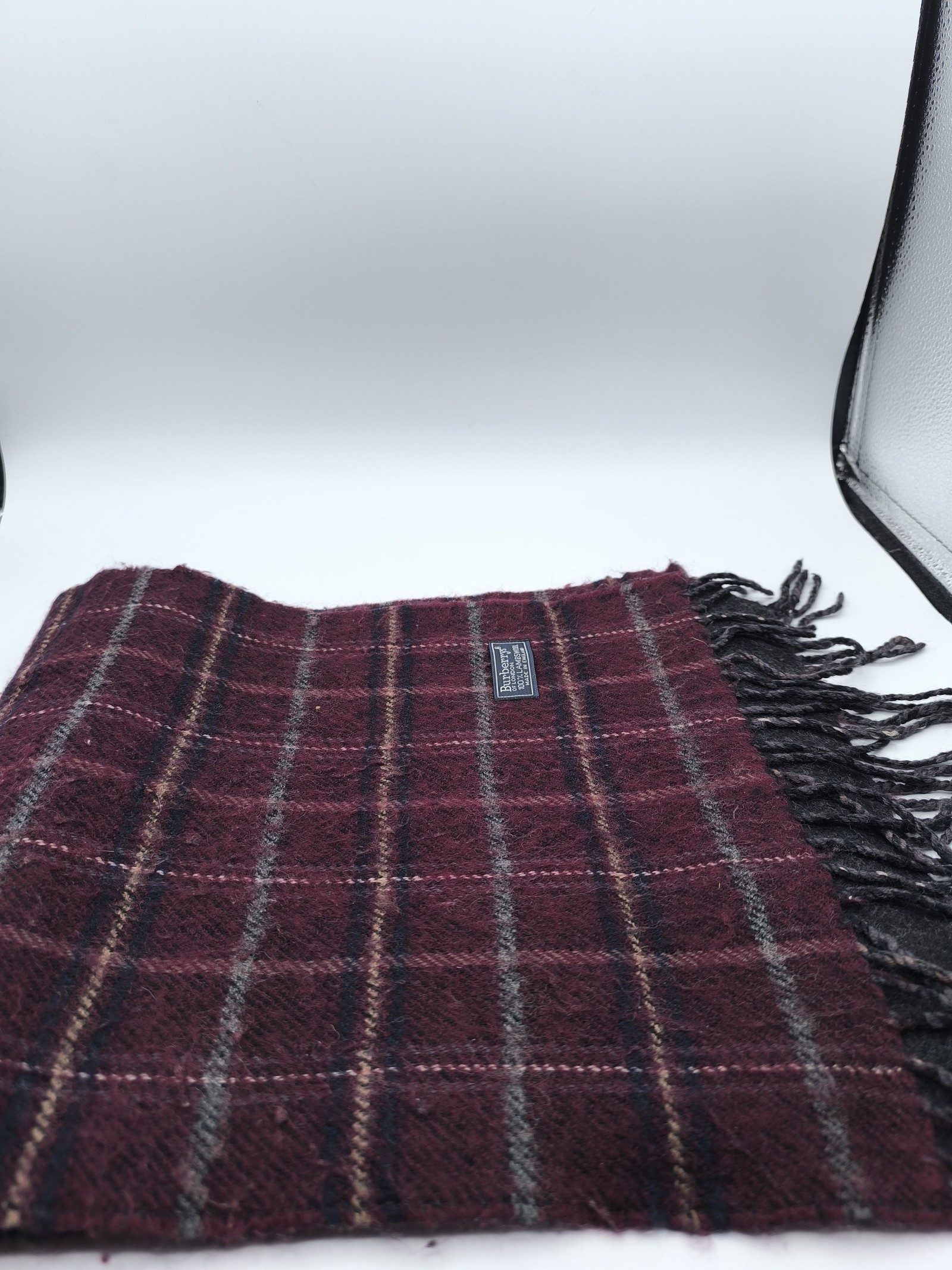 Burberry Burgundy & Grey Lambswool Check Scarf image 6