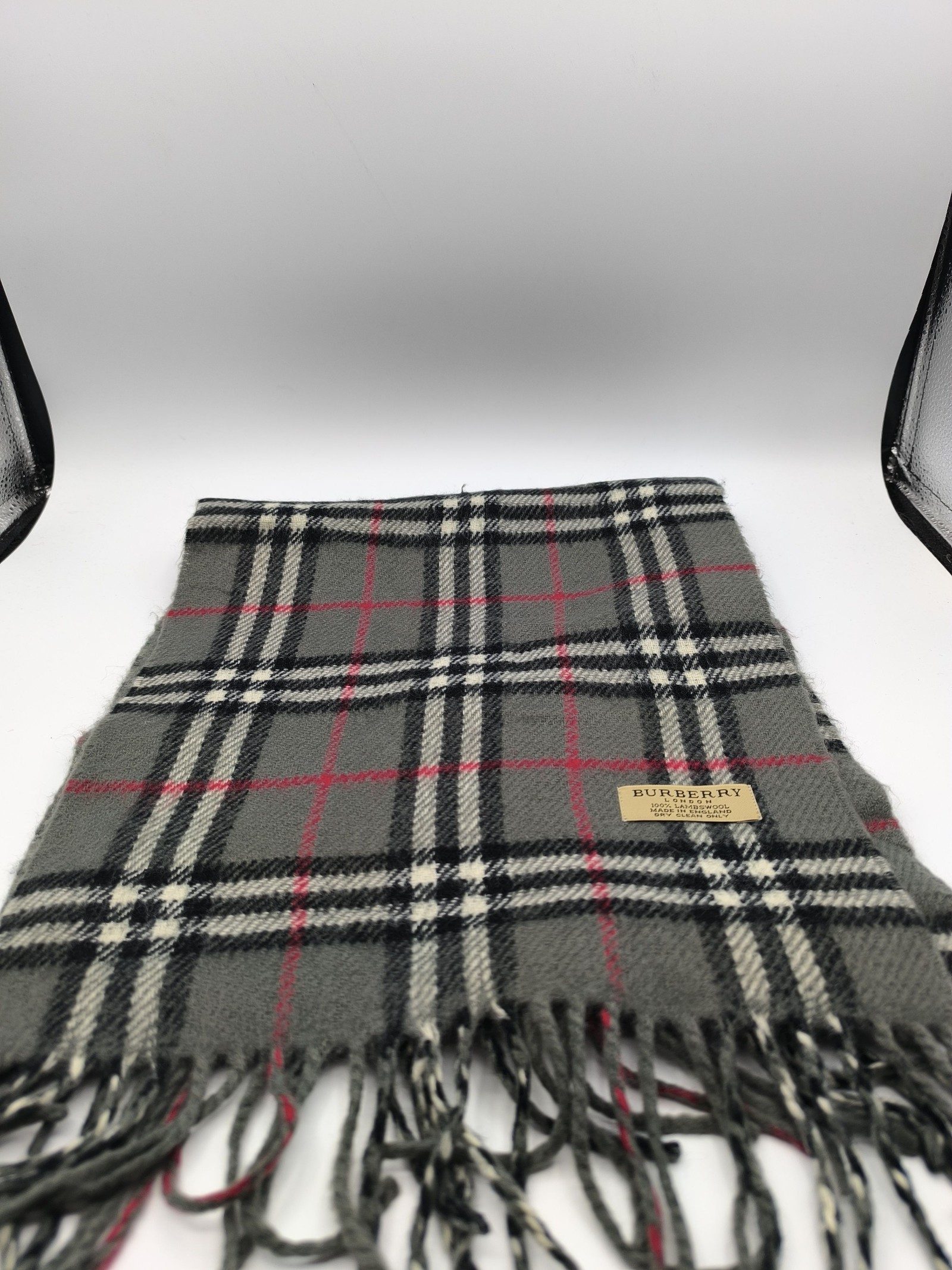 Burberry Grey & Black & Red Lambswool Check Scarf