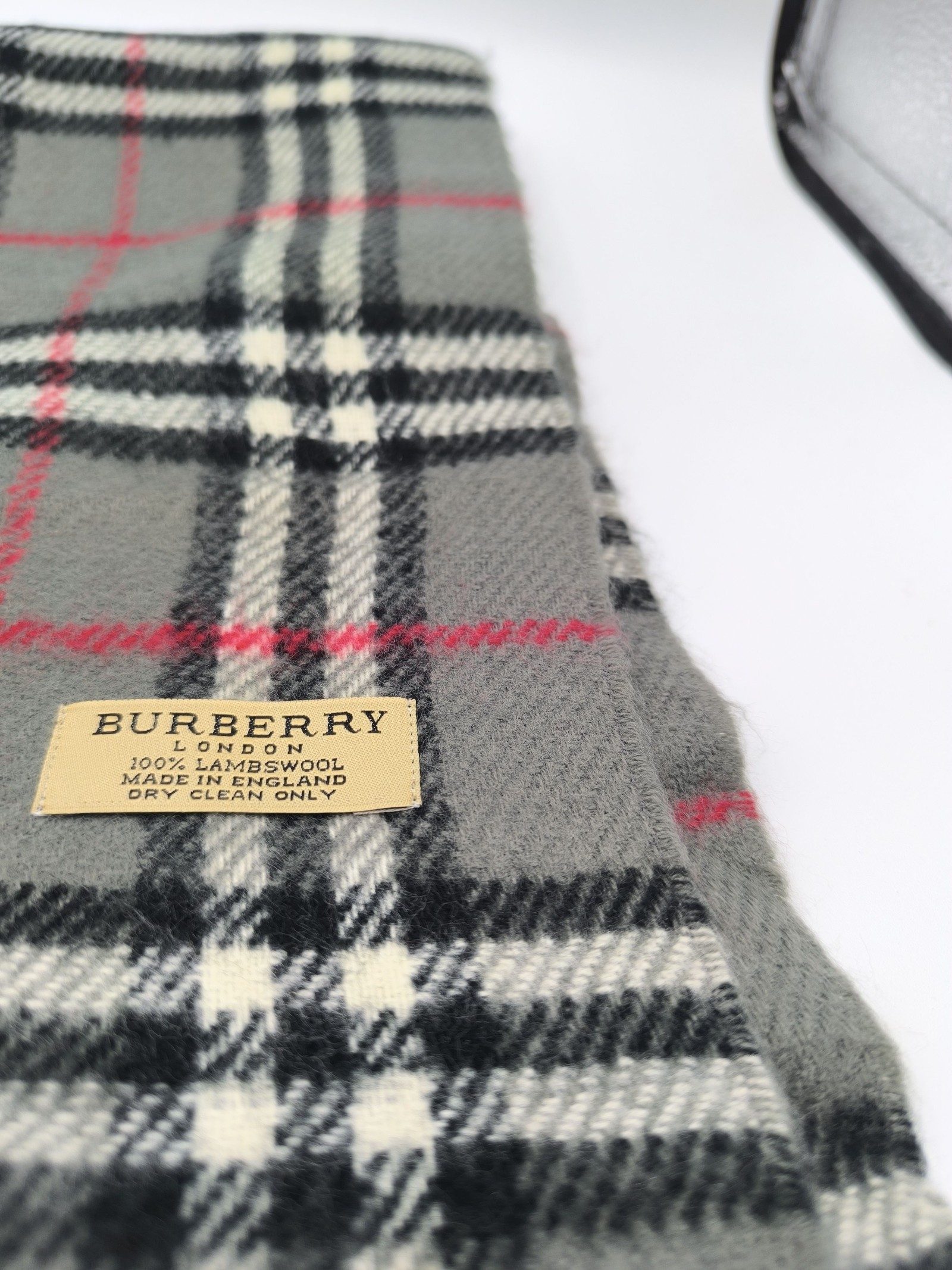 Burberry Grey & Black & Red Lambswool Check Scarf image 2