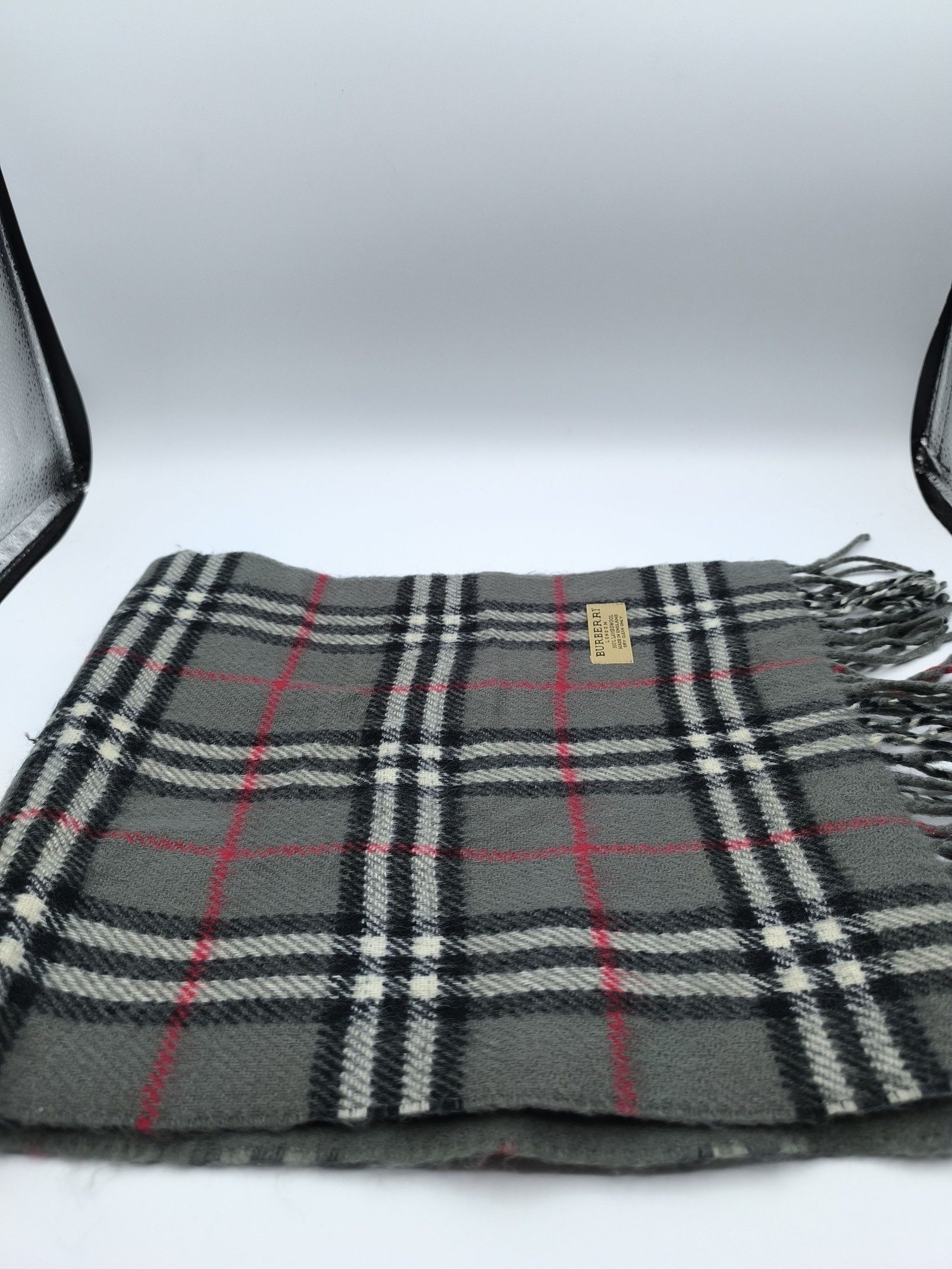 Burberry Grey & Black & Red Lambswool Check Scarf image 6