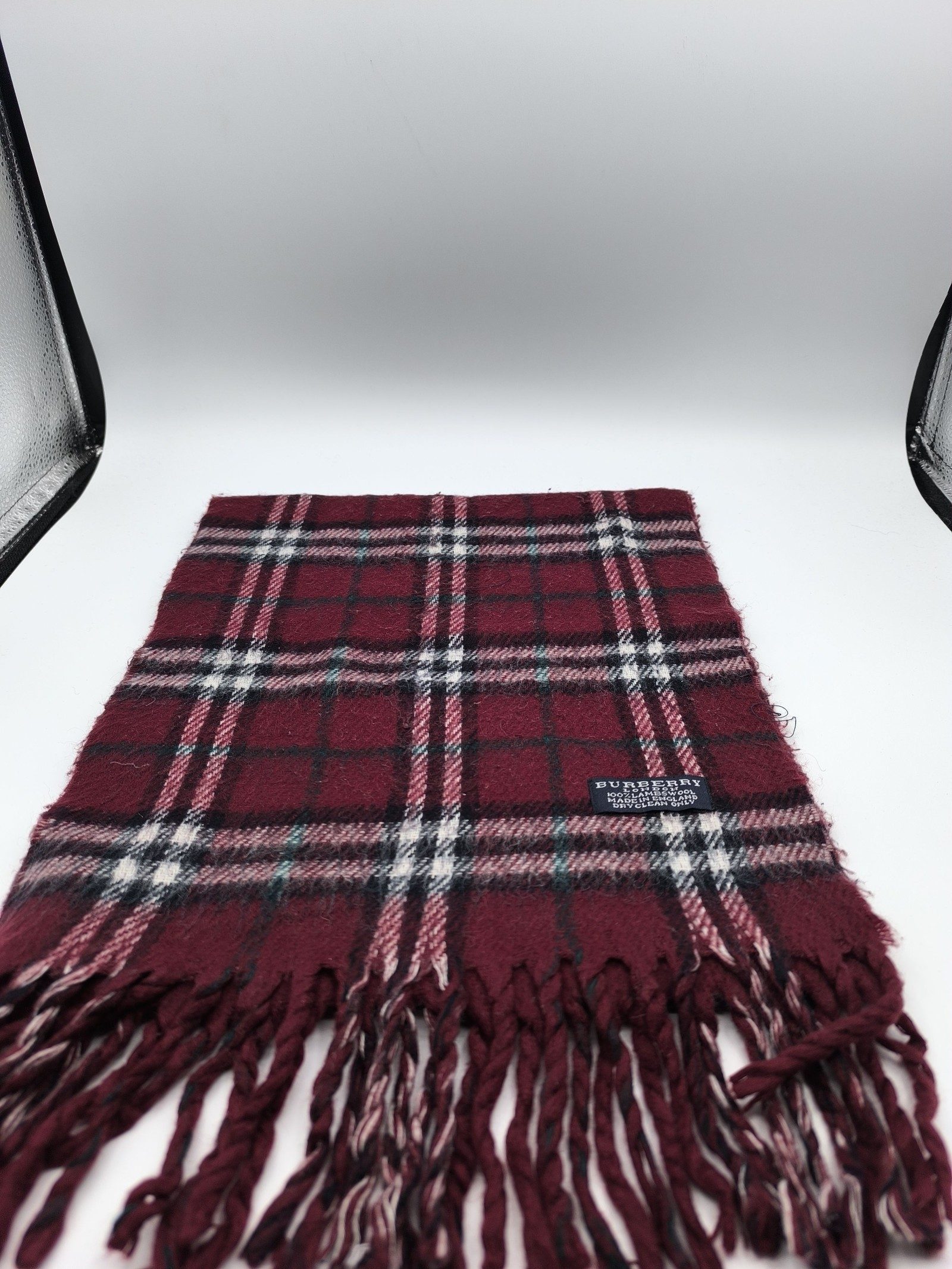 Burberry Burgundy Plaid Lambswool Scarf