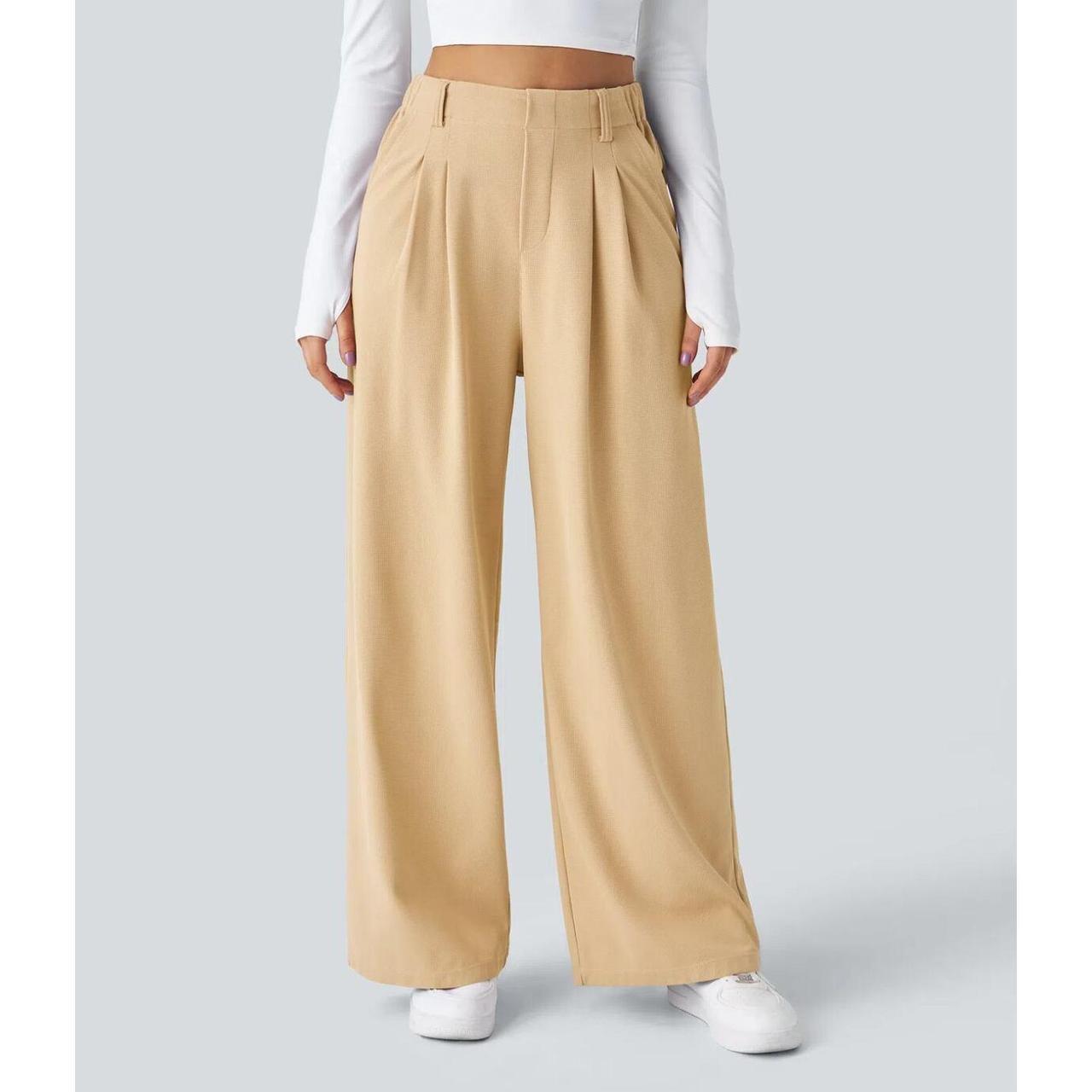 HALARA High Waisted Pocket Wide Leg Waffle Yellow Work Pants Size S Regular