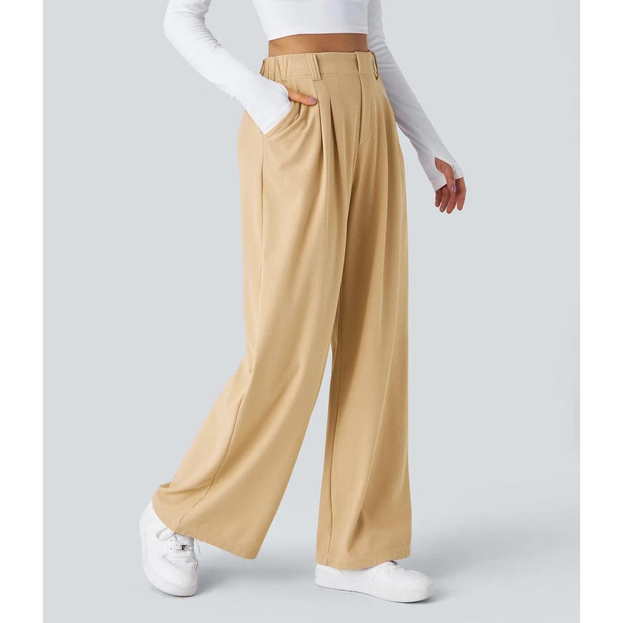 HALARA High Waisted Pocket Wide Leg Waffle Yellow Work Pants Size S Regular image 4