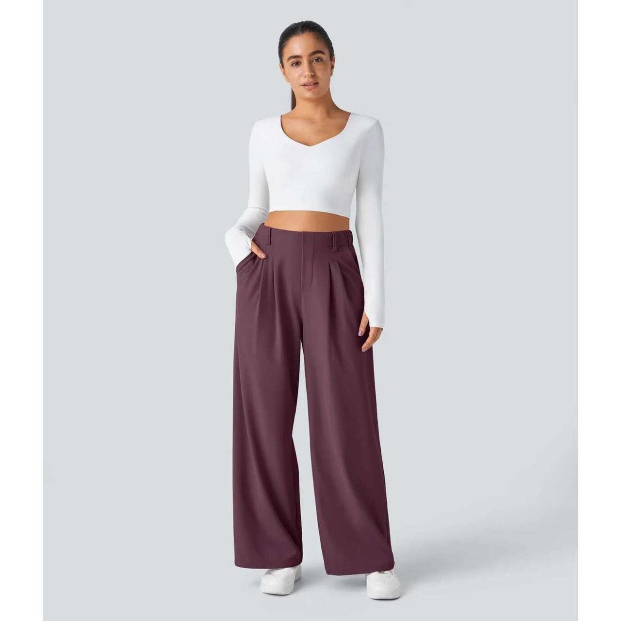 HALARA High Waisted Pocket Wide Leg Waffle Plum Work Pants Size L Expetite image 4
