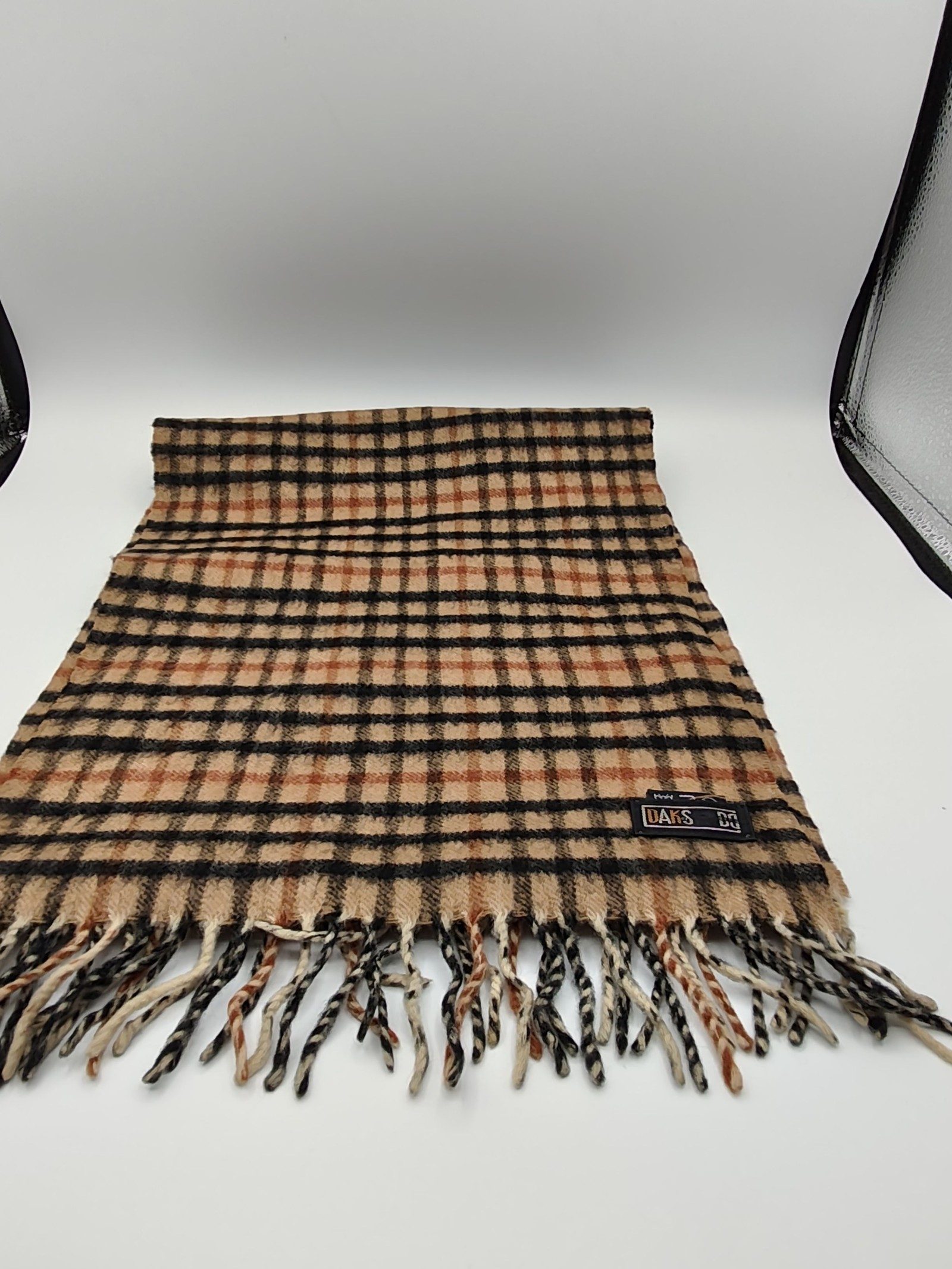 DAKS Beige & Black Checked Scarf Made in Scotland