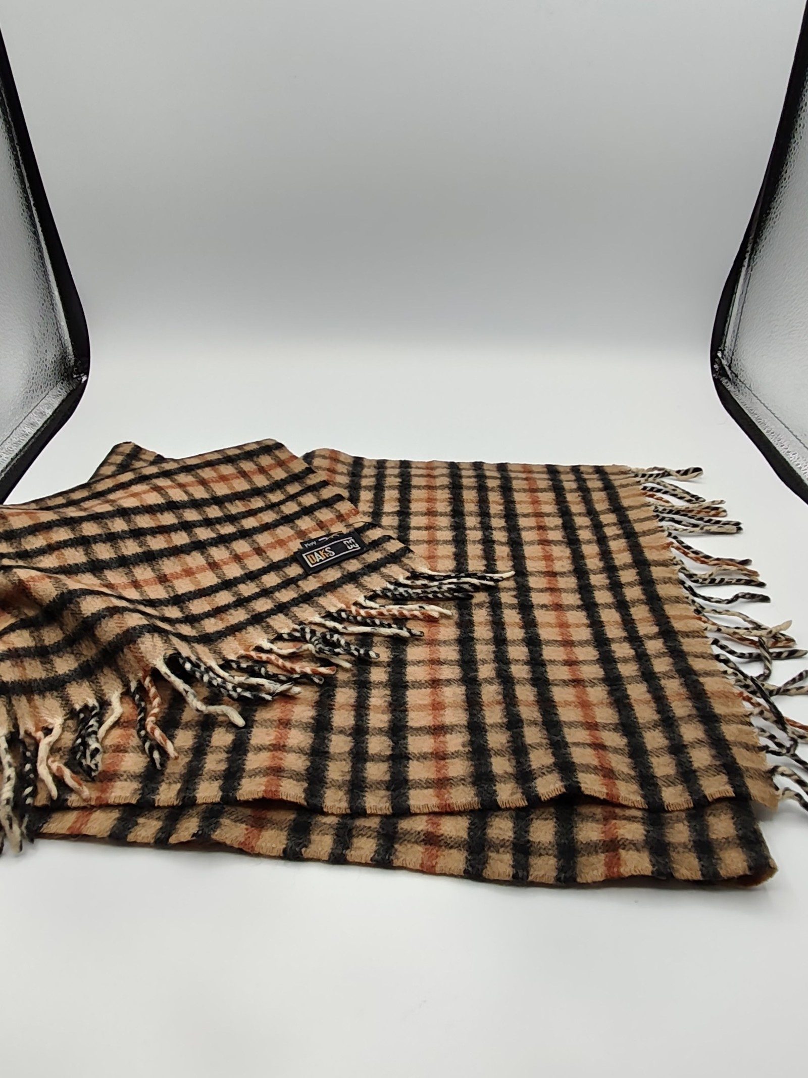 DAKS Beige & Black Checked Scarf Made in Scotland image 8